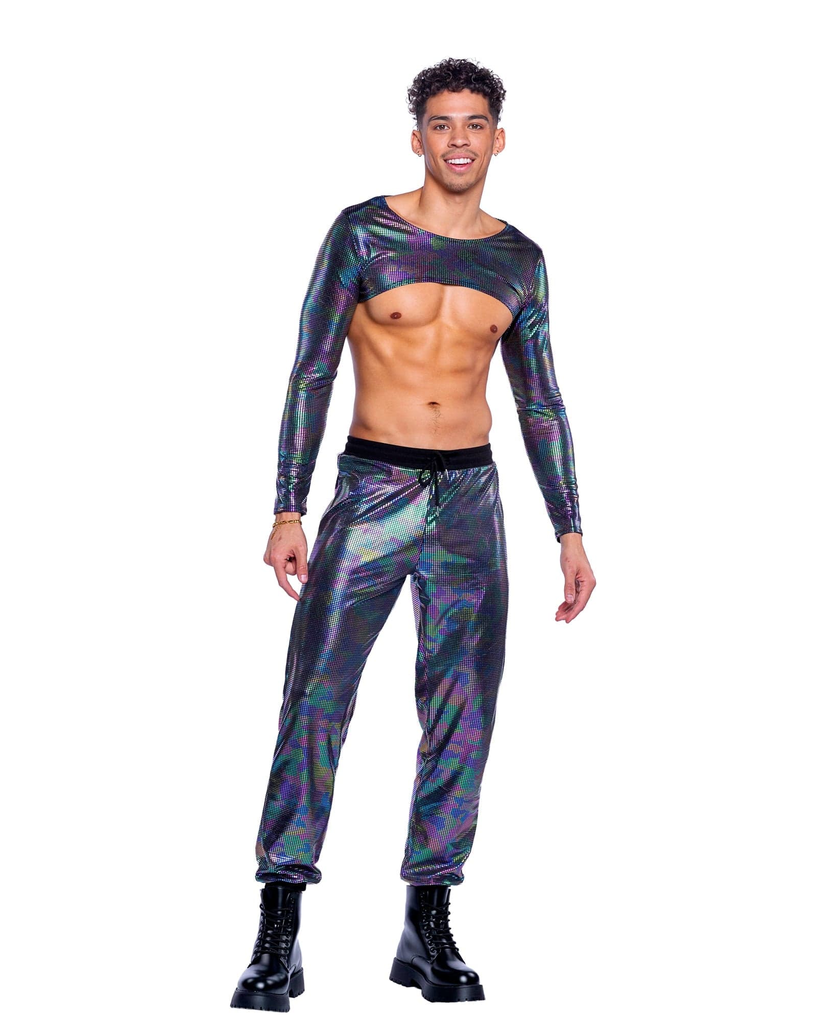 Men's Multicolor Rainbow Shimmer Camouflage Long Sleeved Crop Top Rave Wear