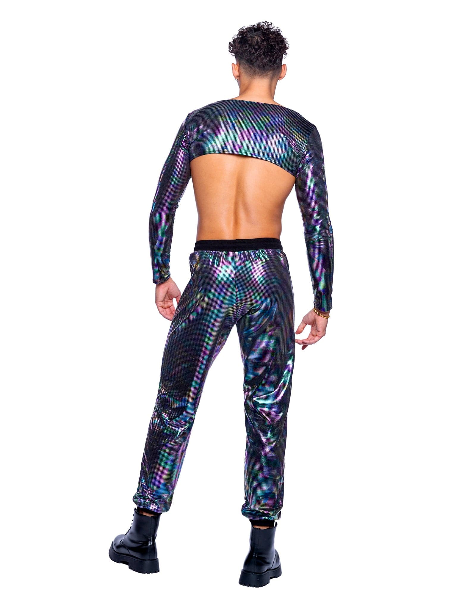 Men's Multicolor Rainbow Shimmer Camouflage Long Sleeved Crop Top Rave Wear - Image 2
