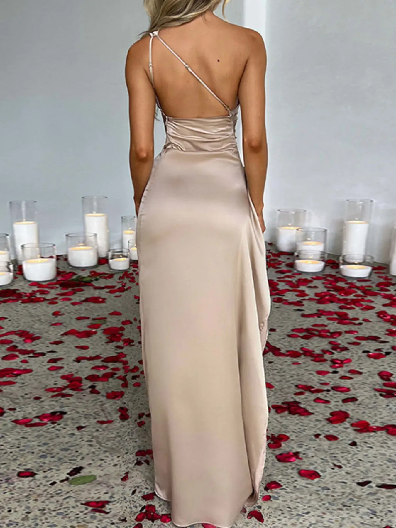 Nude Beige Satin One Shoulder Maxi Dress - Image 3