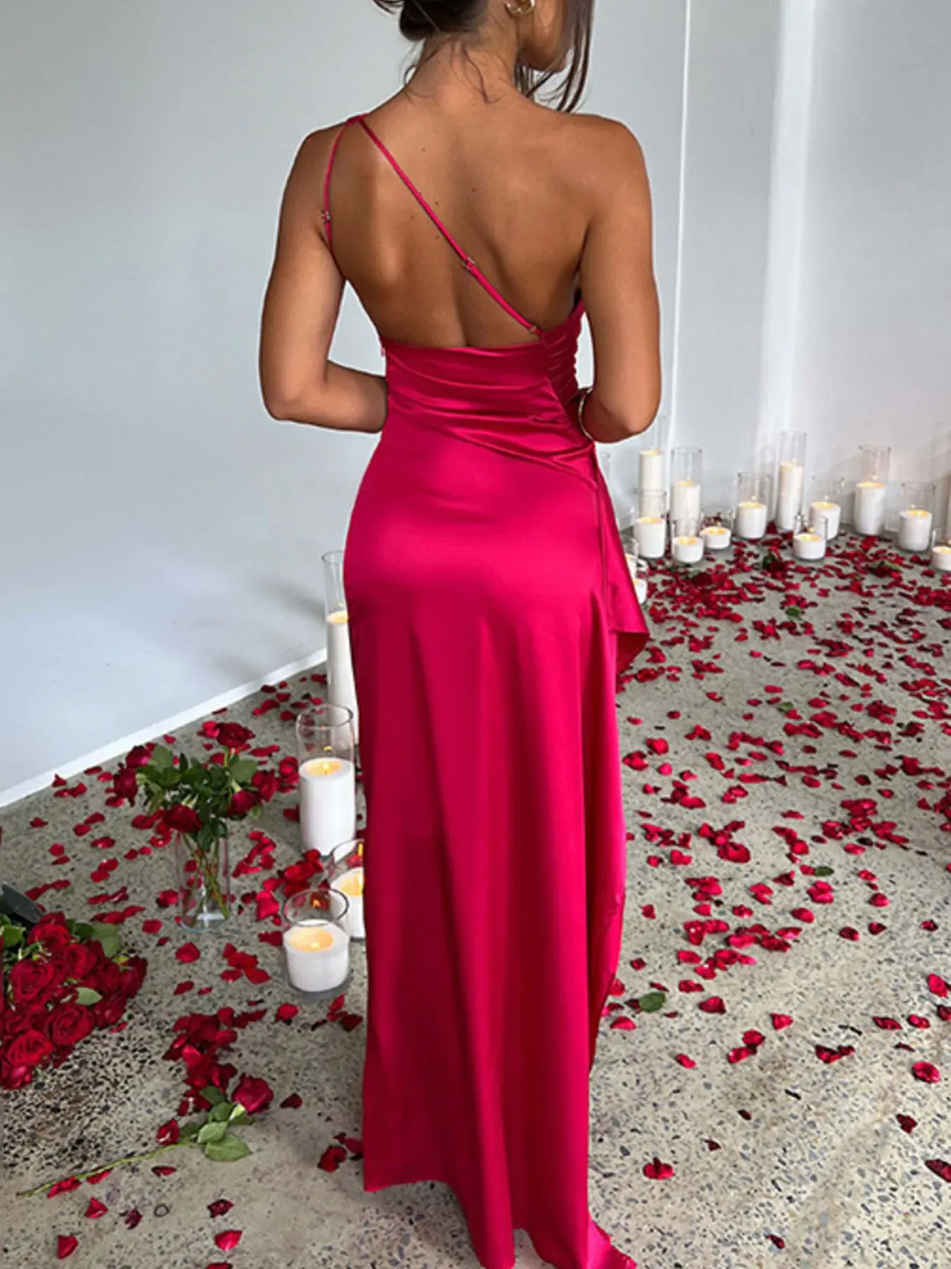 Nude Beige Satin One Shoulder Maxi Dress - Image 7