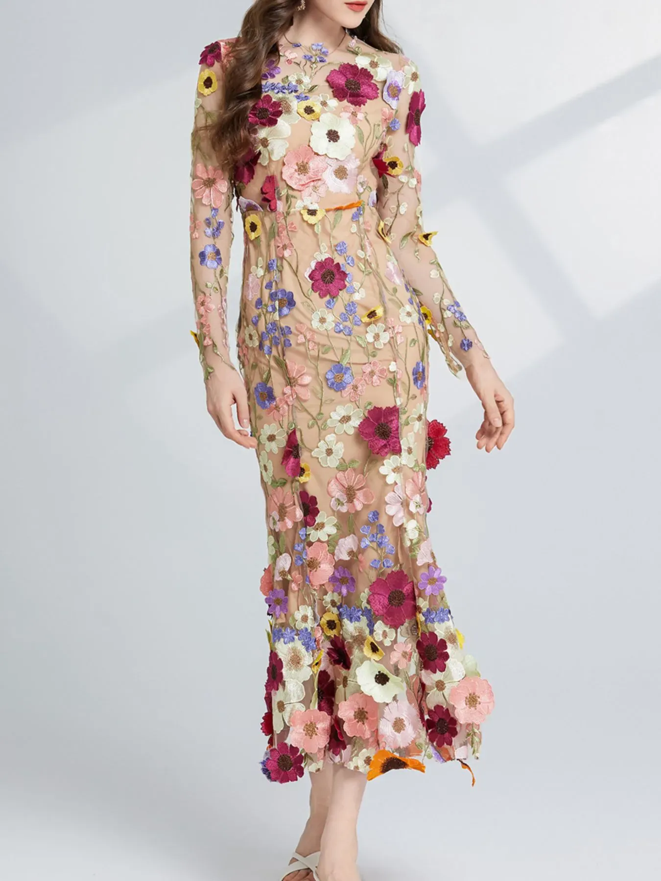 Nude Floral Embroidered Mesh Long Sleeve Midi Dress (Also Plus Size)