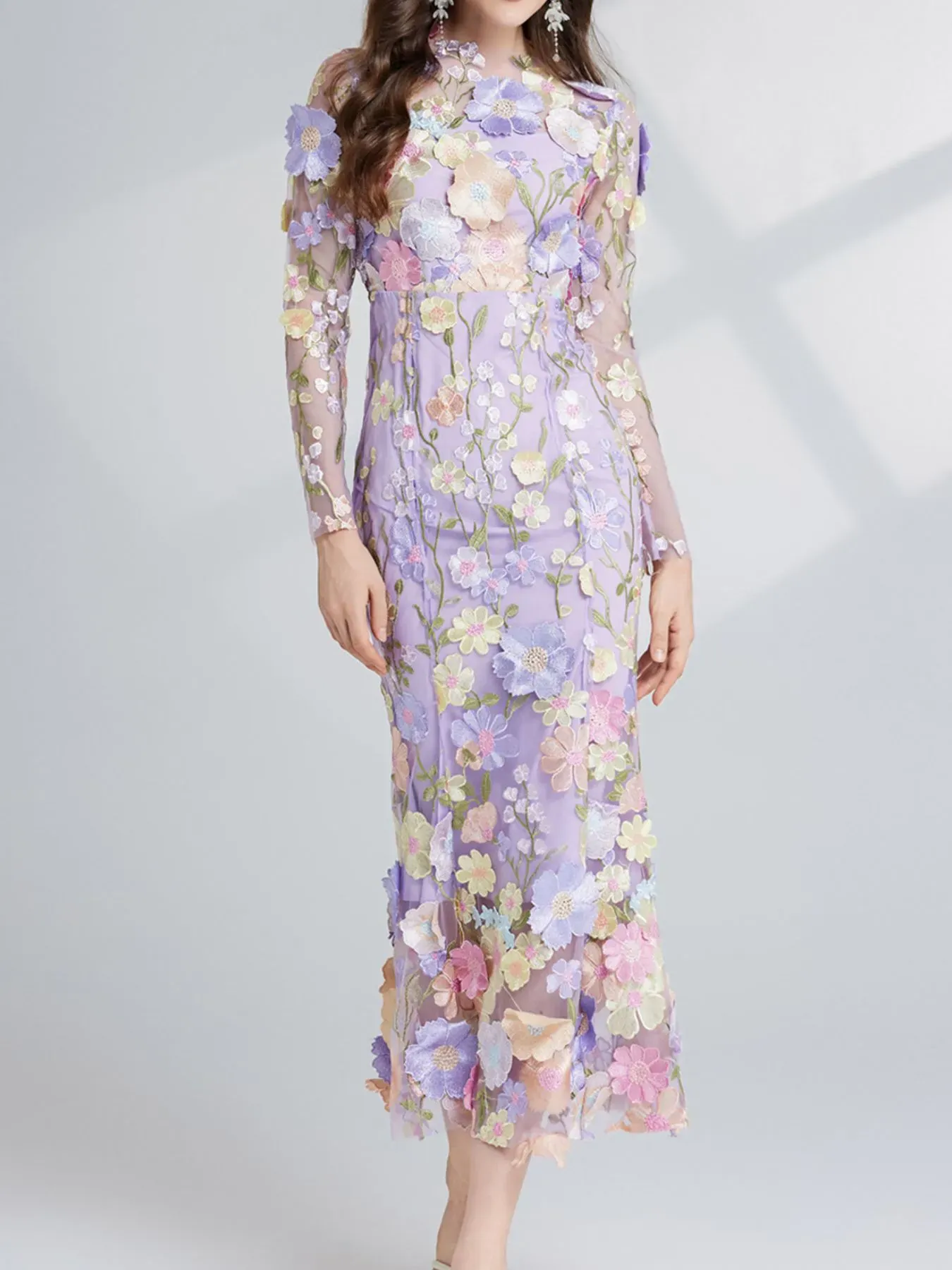 Nude Floral Embroidered Mesh Long Sleeve Midi Dress (Also Plus Size) - Image 10
