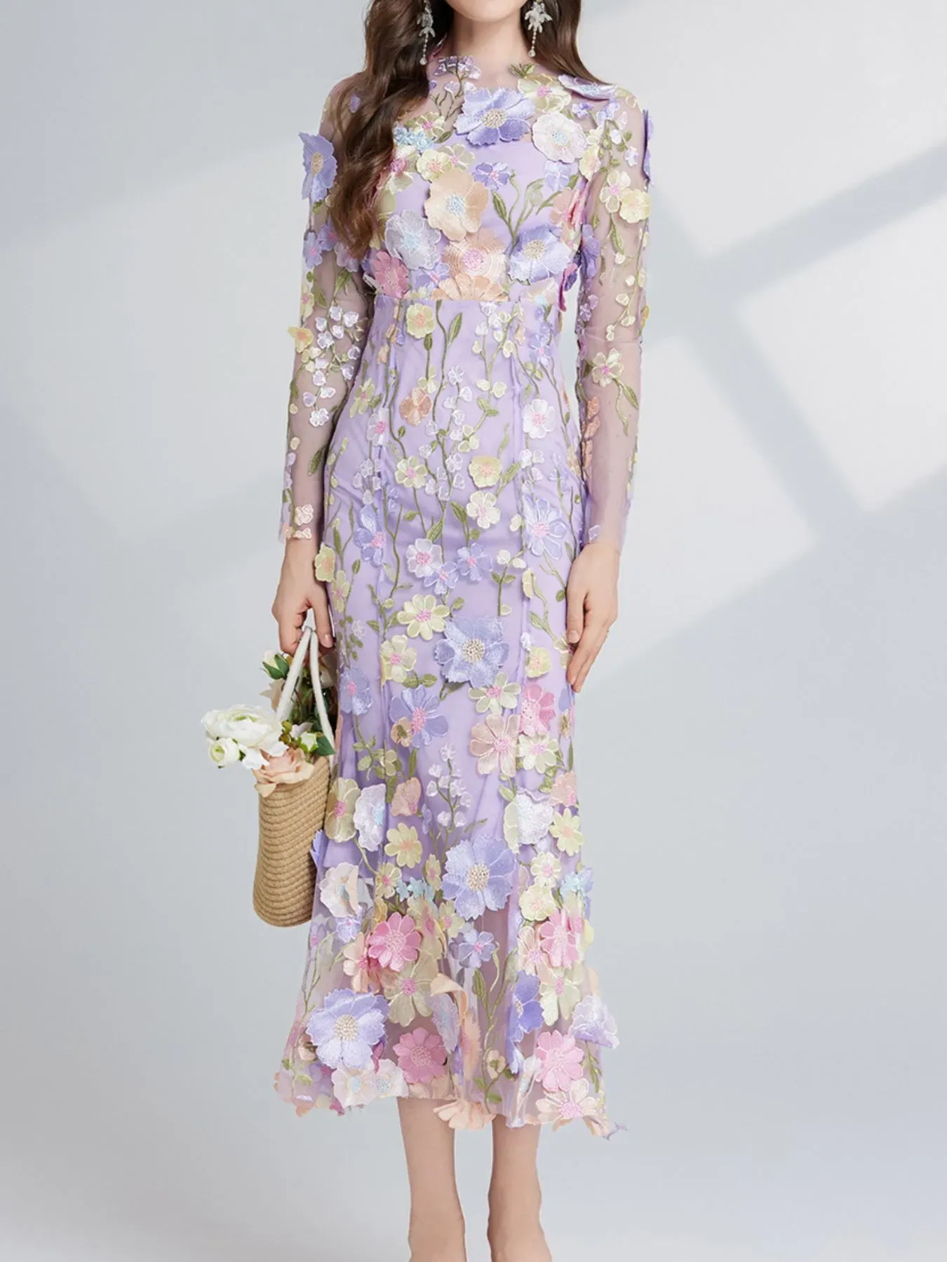 Nude Floral Embroidered Mesh Long Sleeve Midi Dress (Also Plus Size) - Image 11