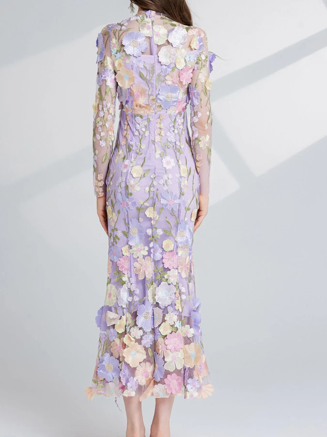 Nude Floral Embroidered Mesh Long Sleeve Midi Dress (Also Plus Size) - Image 12