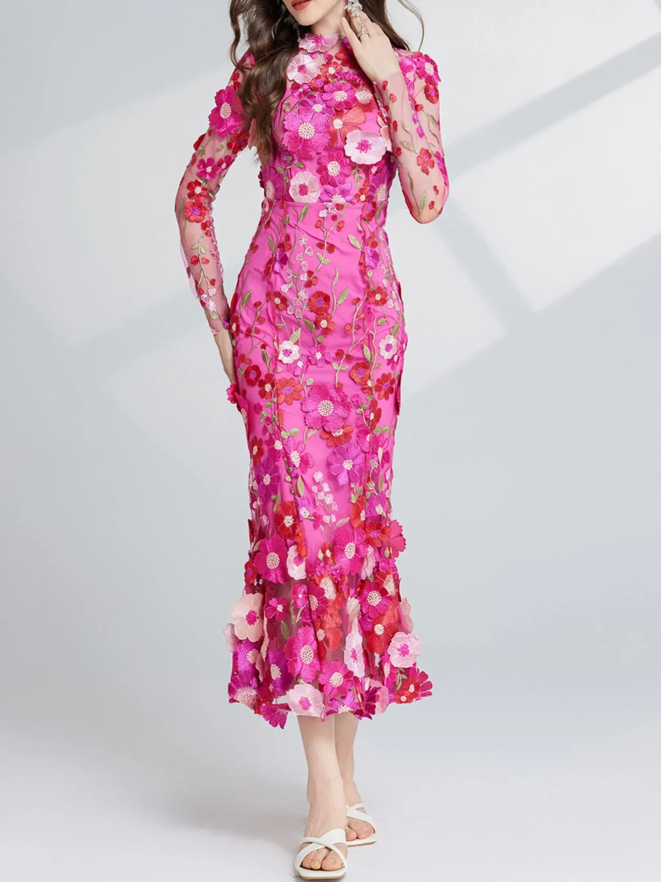 Nude Floral Embroidered Mesh Long Sleeve Midi Dress (Also Plus Size) - Image 13