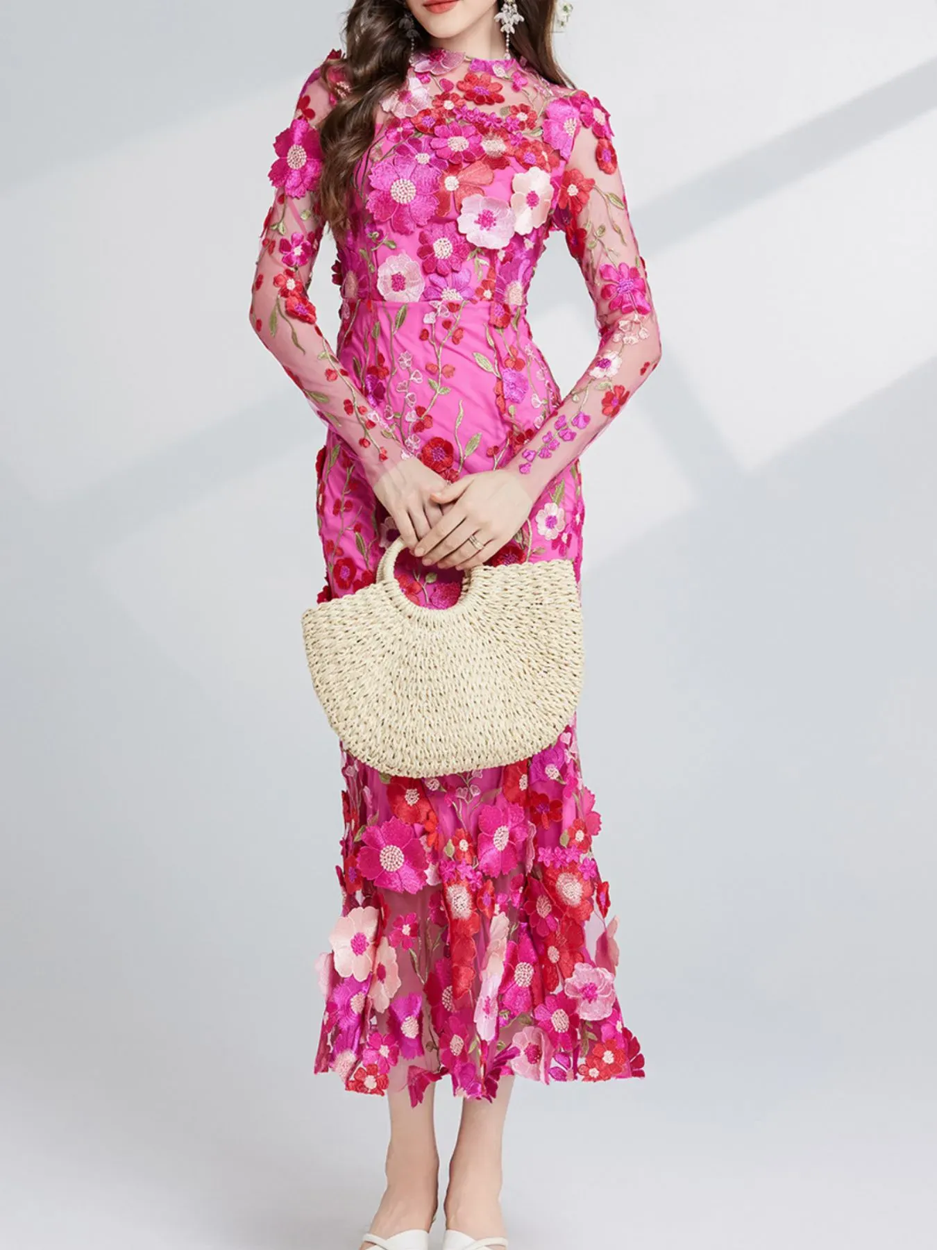 Nude Floral Embroidered Mesh Long Sleeve Midi Dress (Also Plus Size) - Image 14