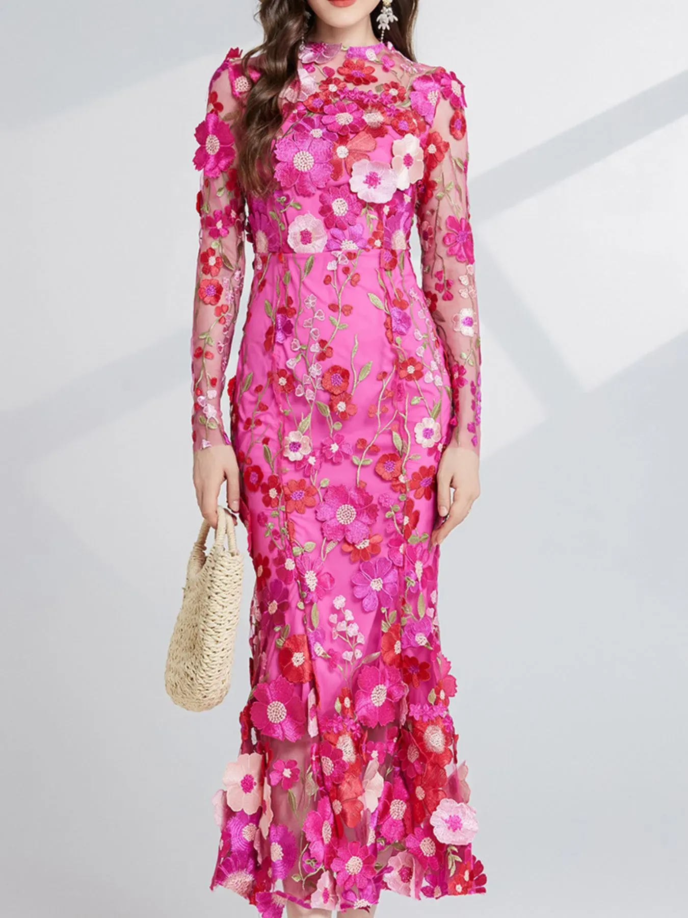 Nude Floral Embroidered Mesh Long Sleeve Midi Dress (Also Plus Size) - Image 15