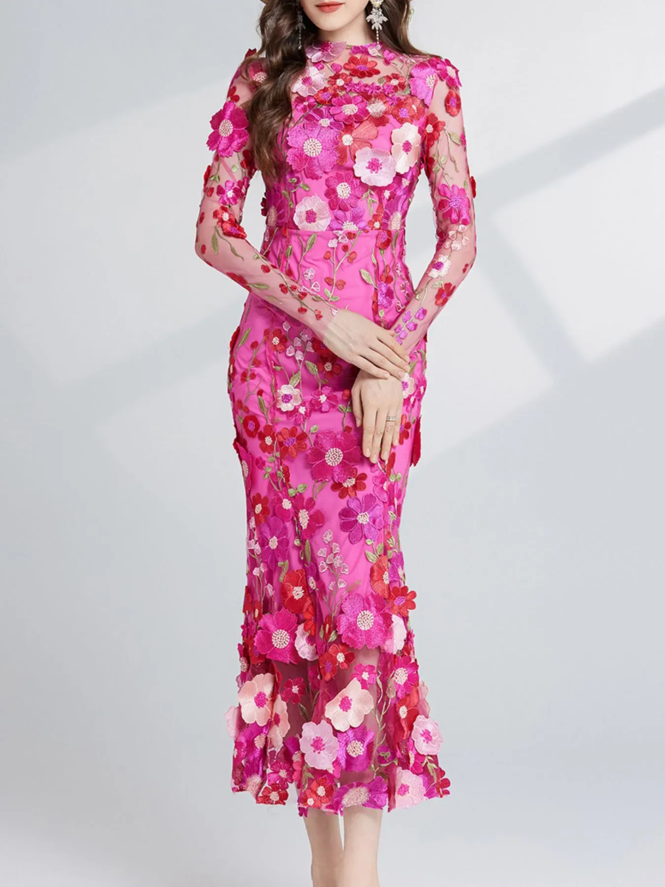 Nude Floral Embroidered Mesh Long Sleeve Midi Dress (Also Plus Size) - Image 16
