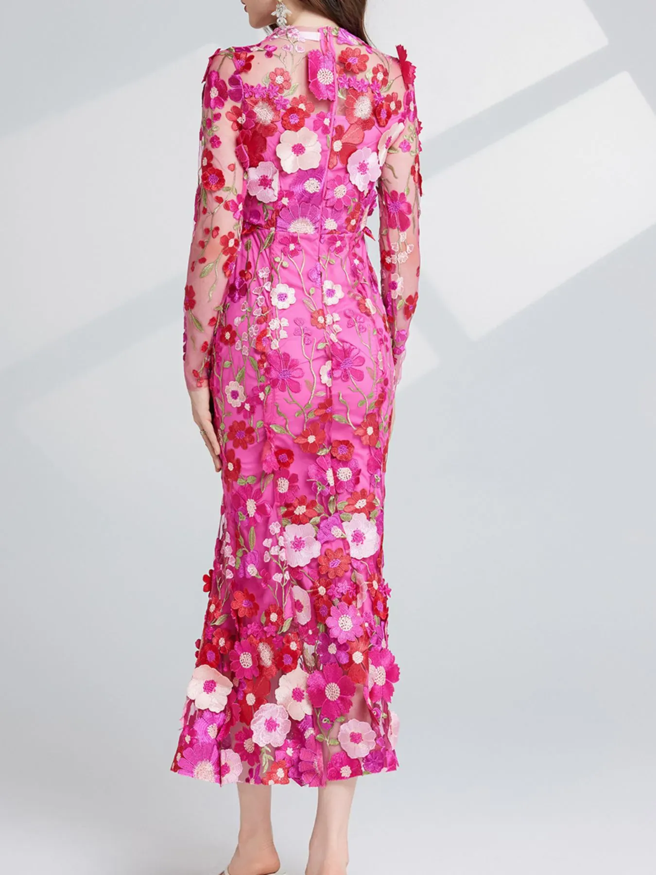 Nude Floral Embroidered Mesh Long Sleeve Midi Dress (Also Plus Size) - Image 17