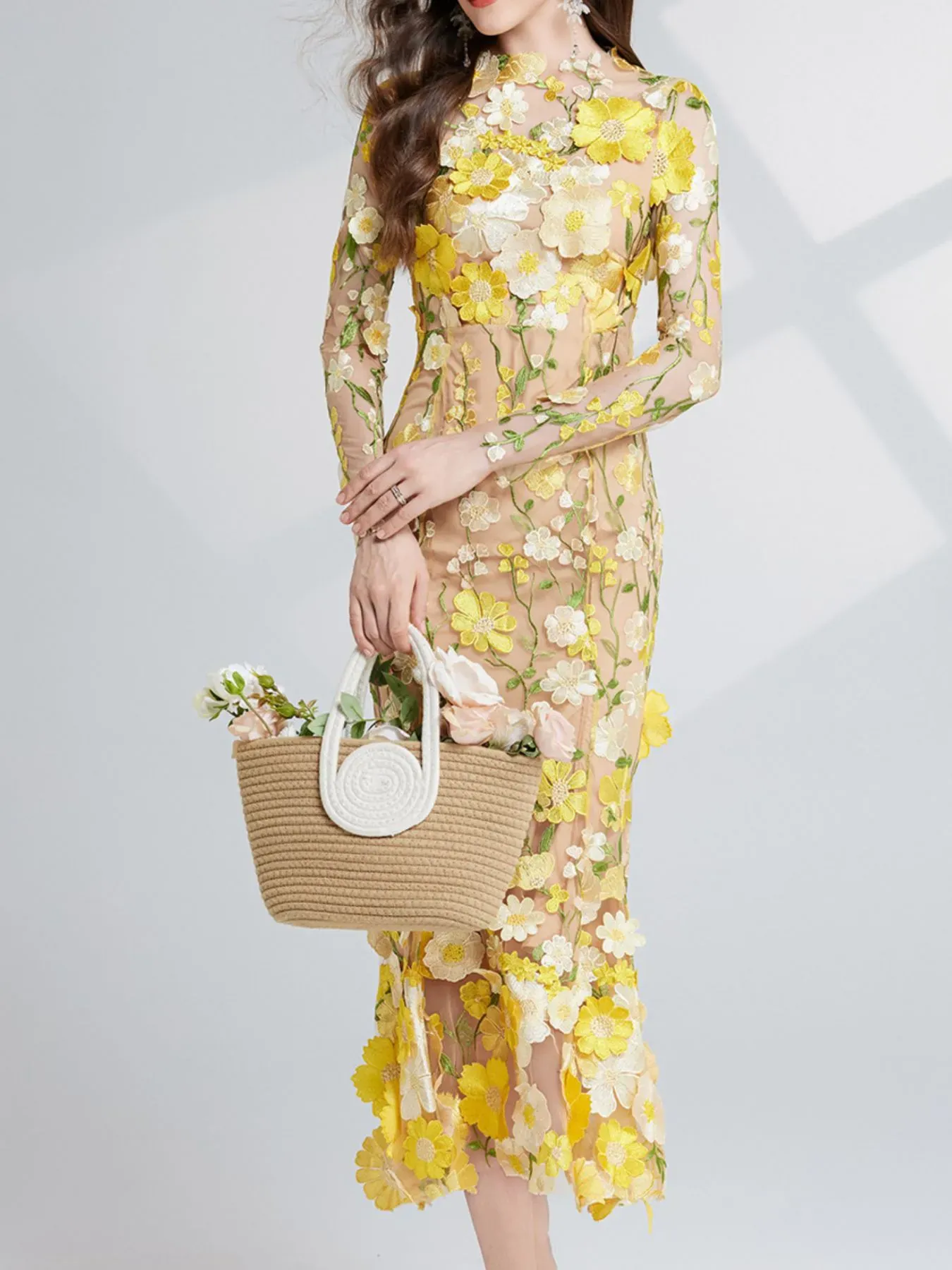 Nude Floral Embroidered Mesh Long Sleeve Midi Dress (Also Plus Size) - Image 18