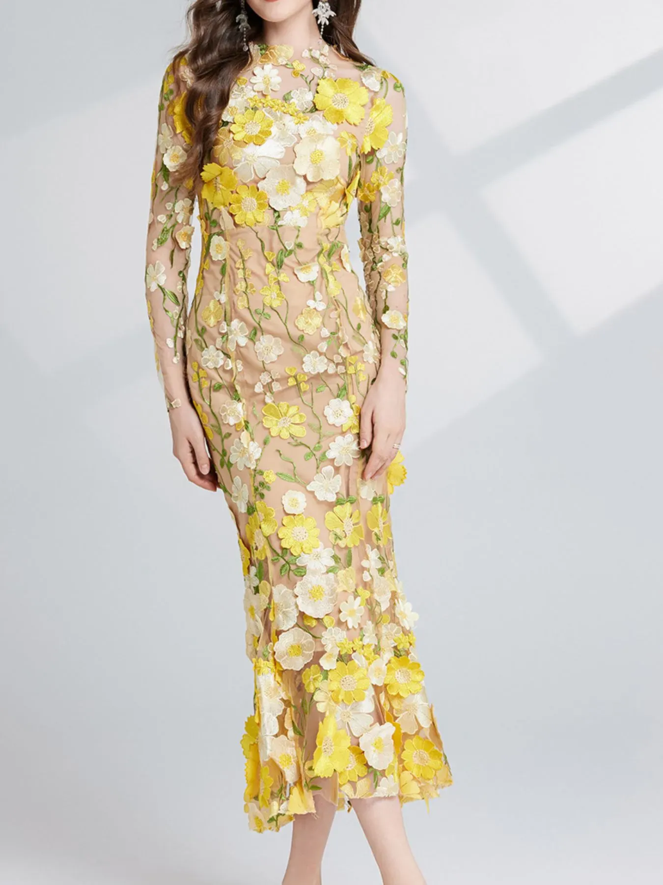 Nude Floral Embroidered Mesh Long Sleeve Midi Dress (Also Plus Size) - Image 19