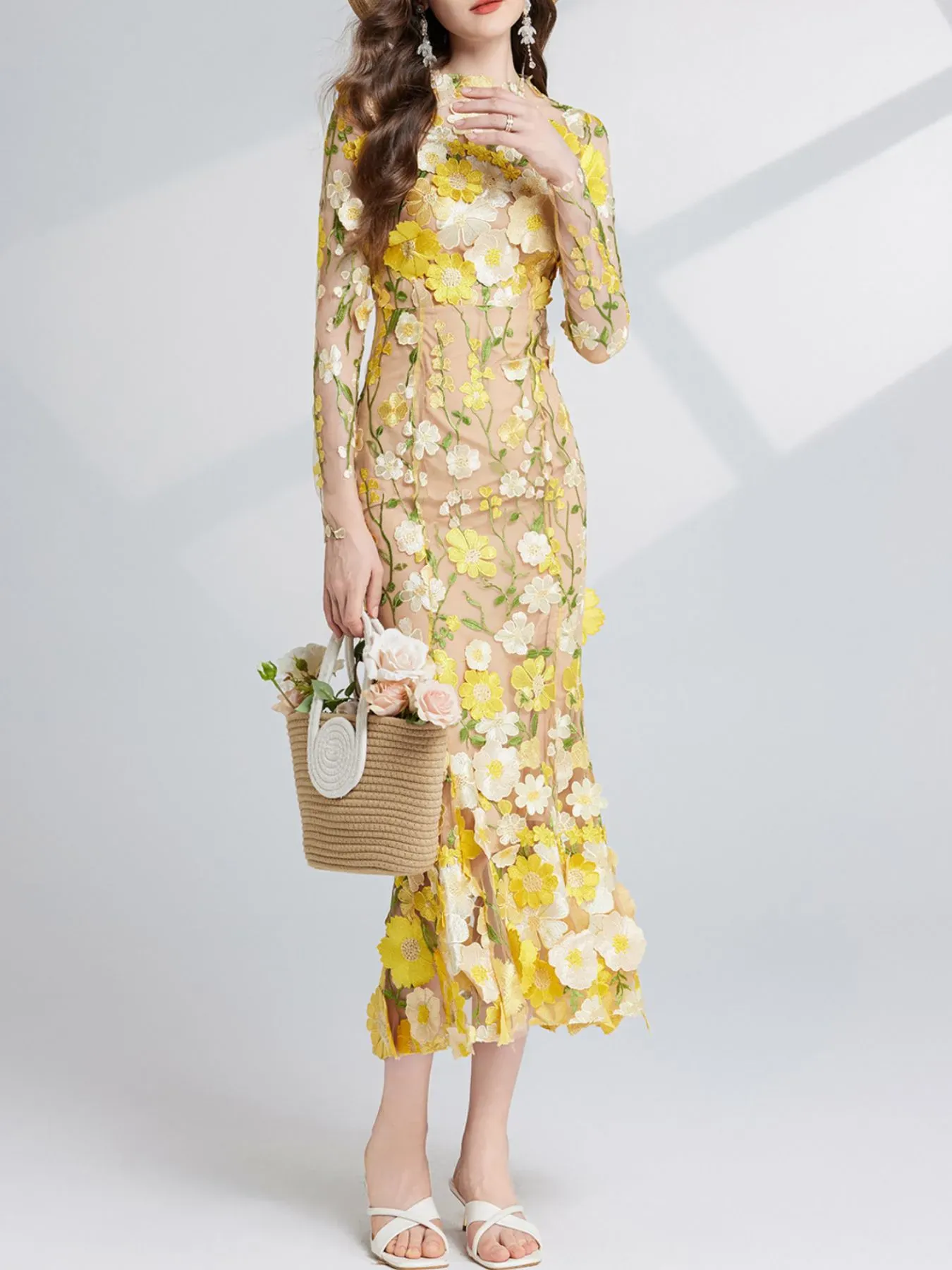 Nude Floral Embroidered Mesh Long Sleeve Midi Dress (Also Plus Size) - Image 20