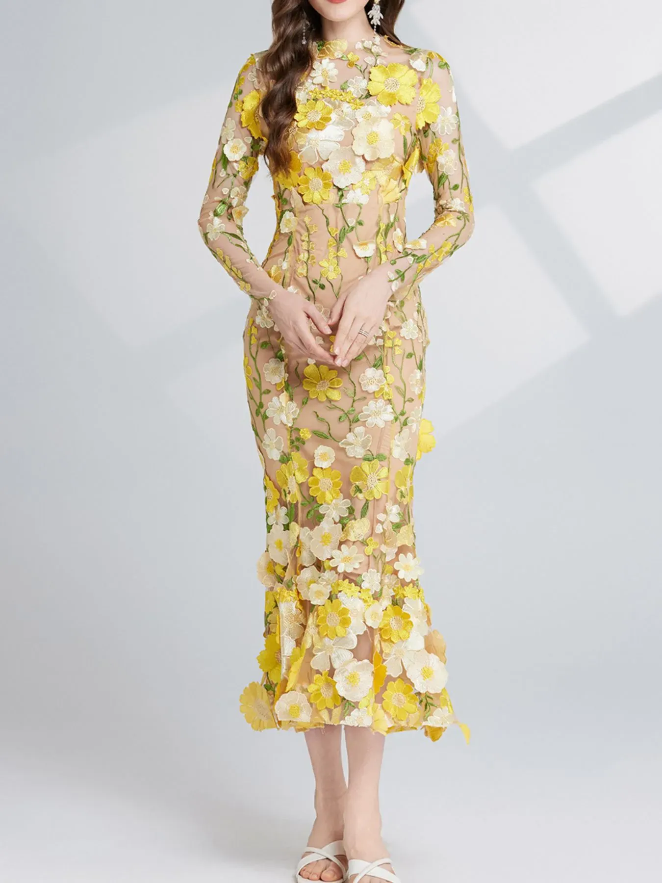 Nude Floral Embroidered Mesh Long Sleeve Midi Dress (Also Plus Size) - Image 21