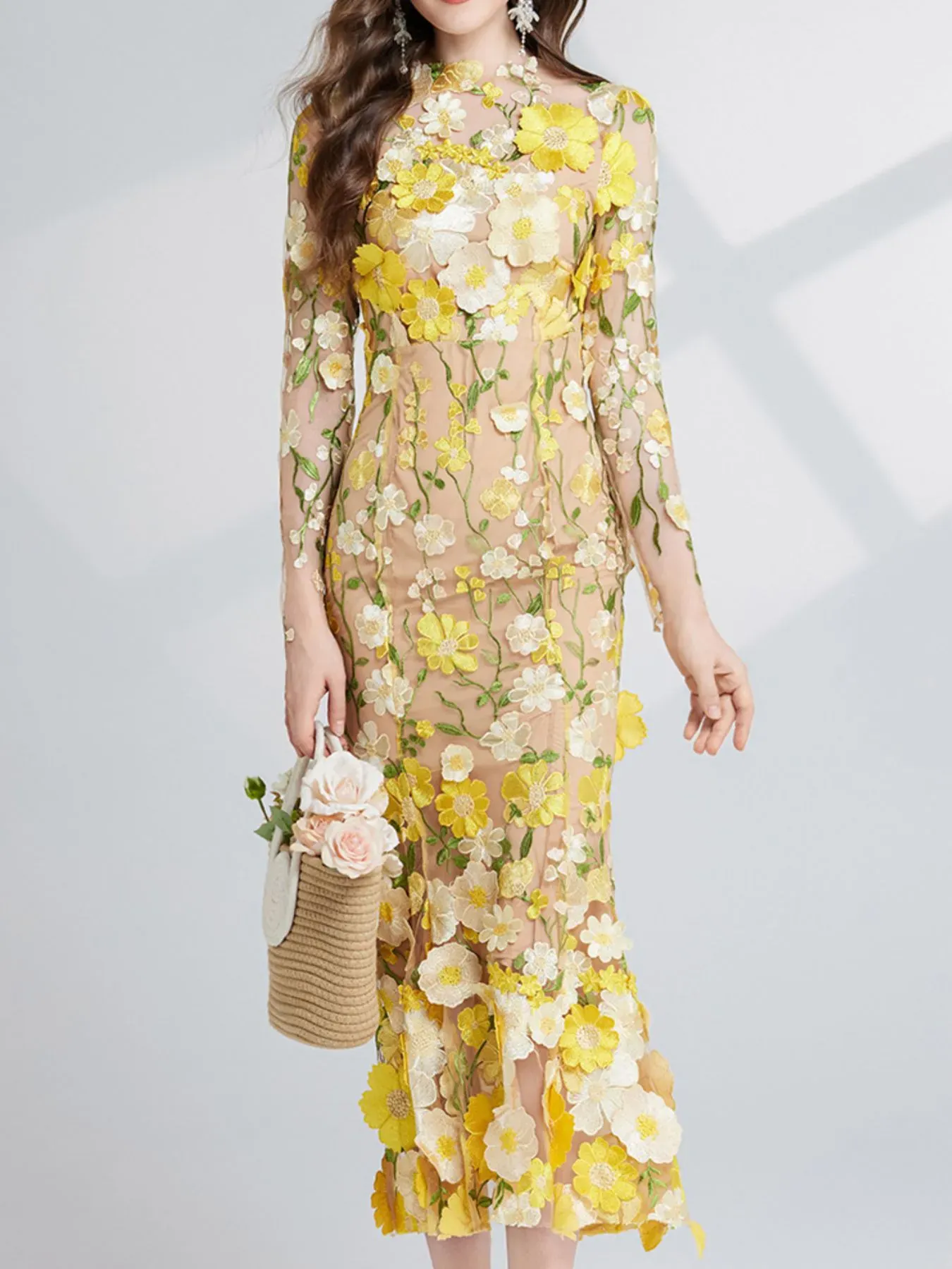 Nude Floral Embroidered Mesh Long Sleeve Midi Dress (Also Plus Size) - Image 22