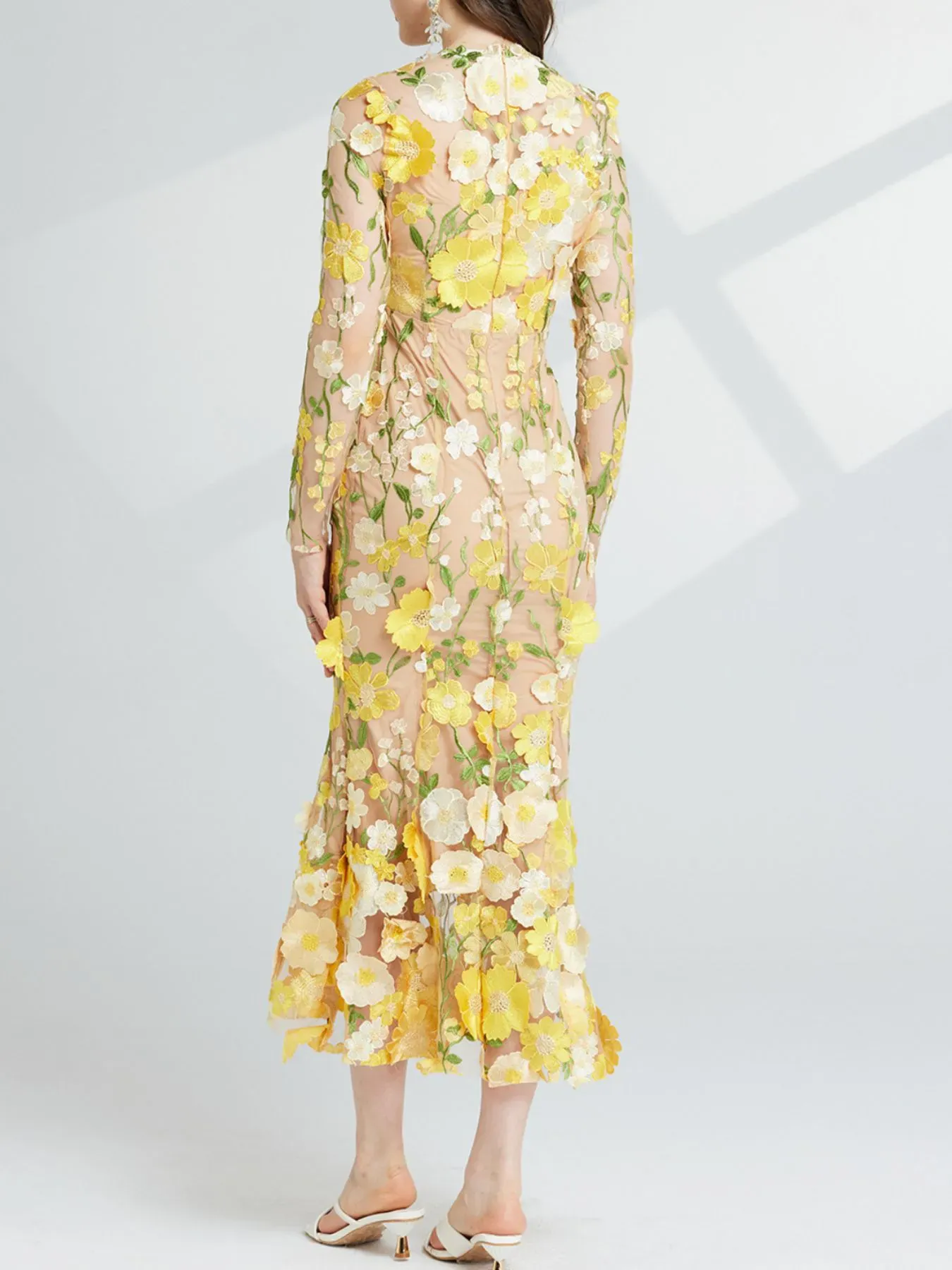 Nude Floral Embroidered Mesh Long Sleeve Midi Dress (Also Plus Size) - Image 23
