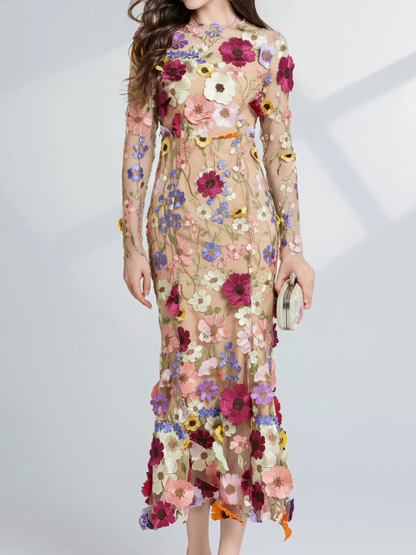 Nude Floral Embroidered Mesh Long Sleeve Midi Dress (Also Plus Size) - Image 3