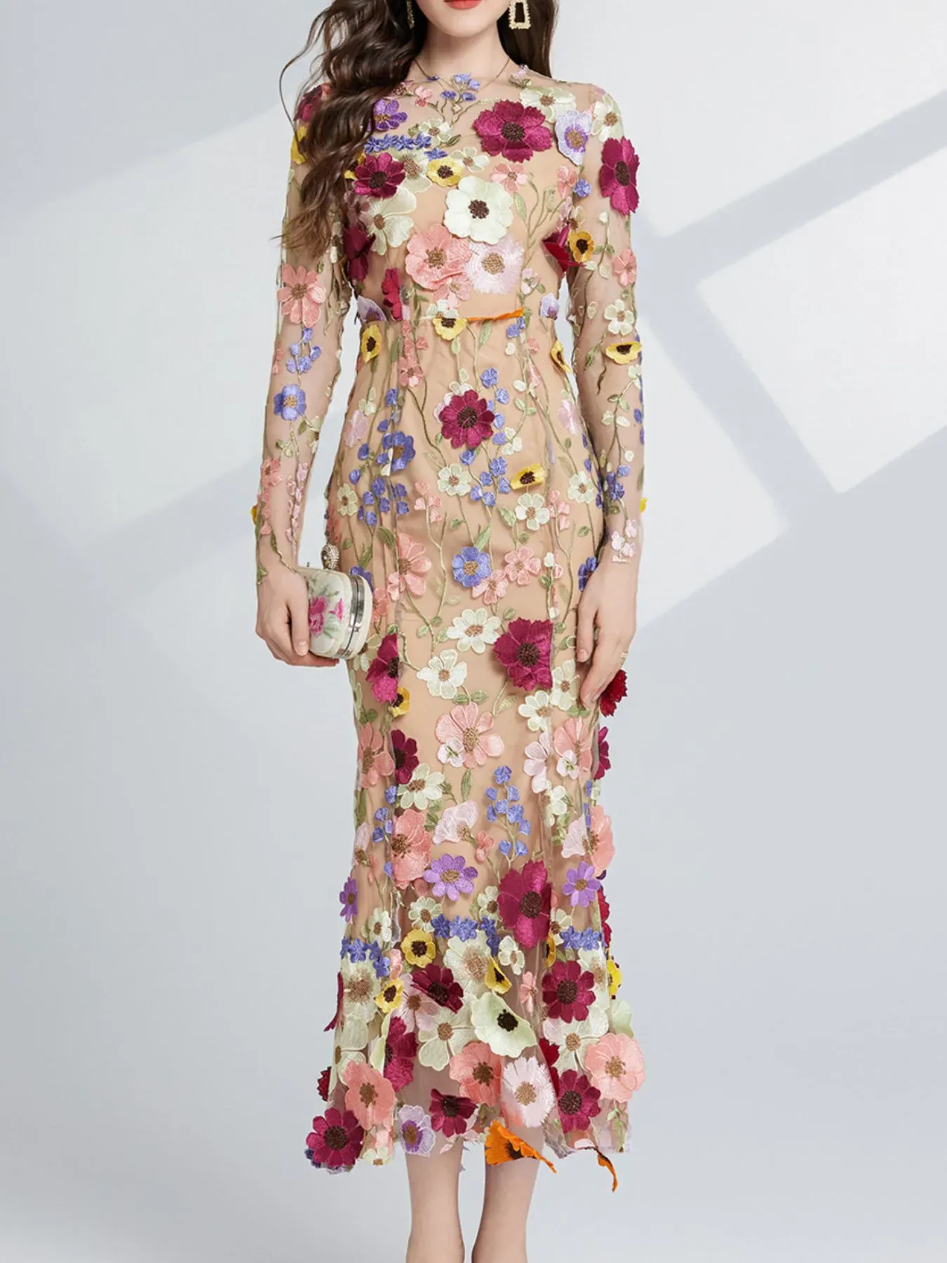 Nude Floral Embroidered Mesh Long Sleeve Midi Dress (Also Plus Size) - Image 4