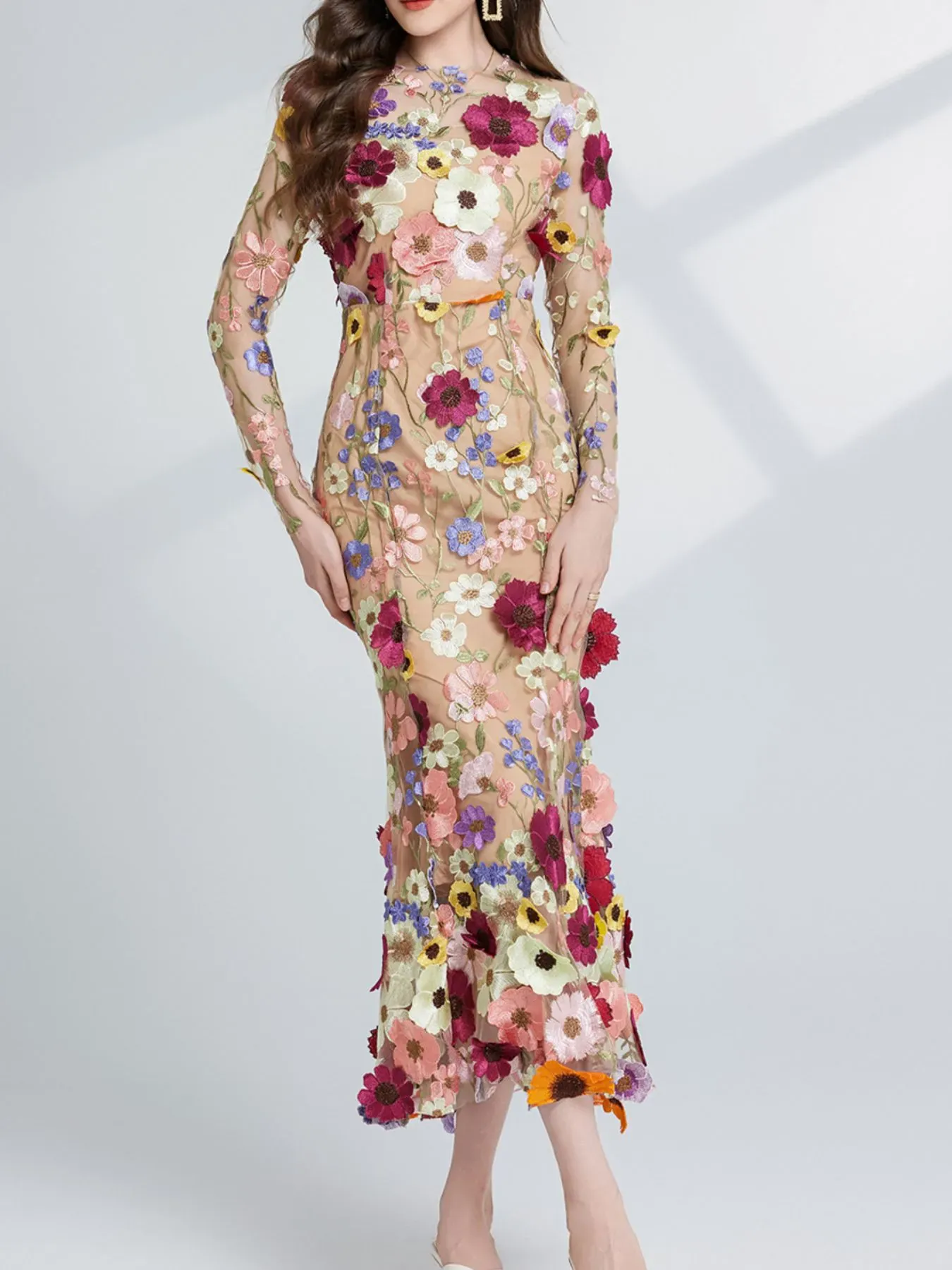 Nude Floral Embroidered Mesh Long Sleeve Midi Dress (Also Plus Size) - Image 5