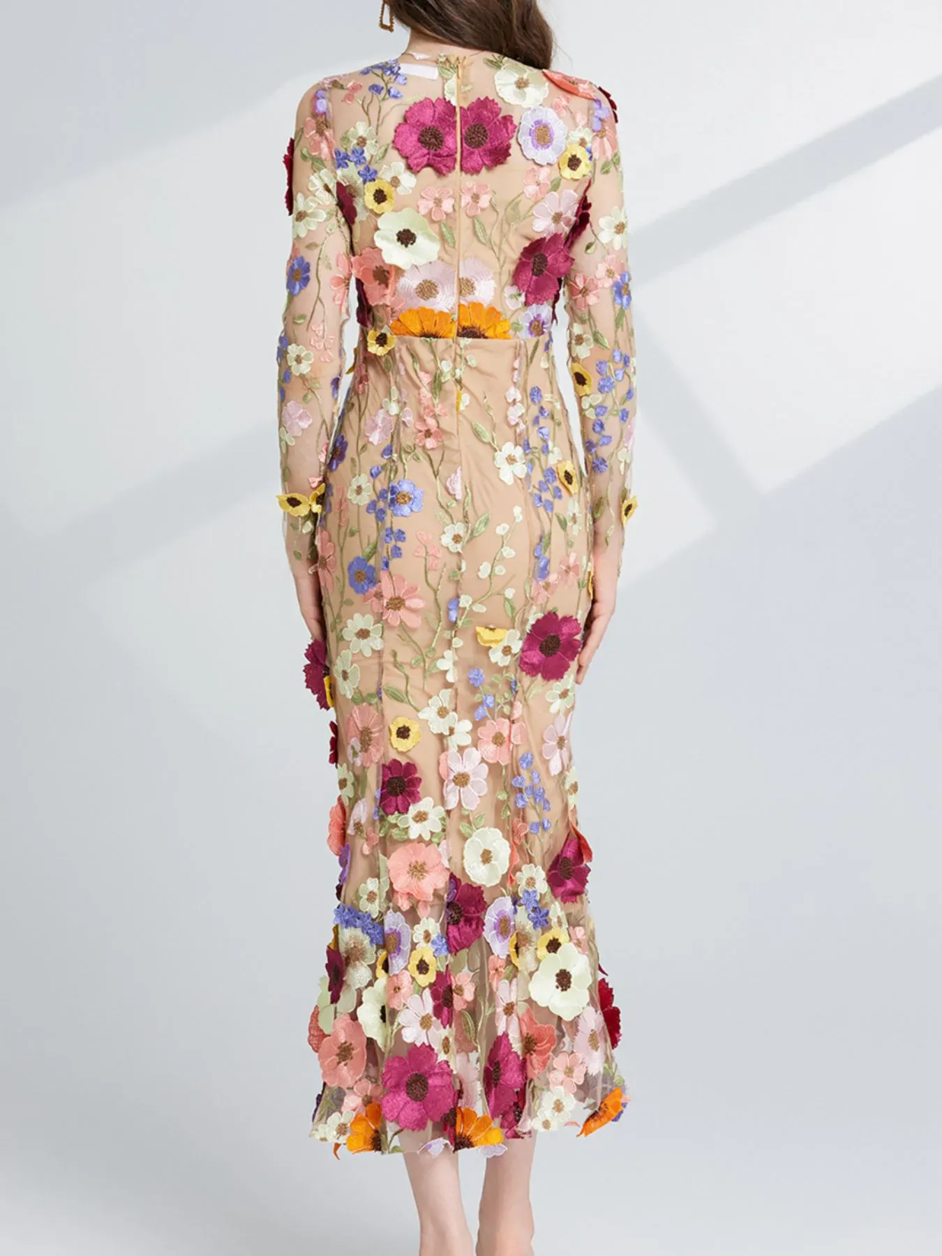 Nude Floral Embroidered Mesh Long Sleeve Midi Dress (Also Plus Size) - Image 6