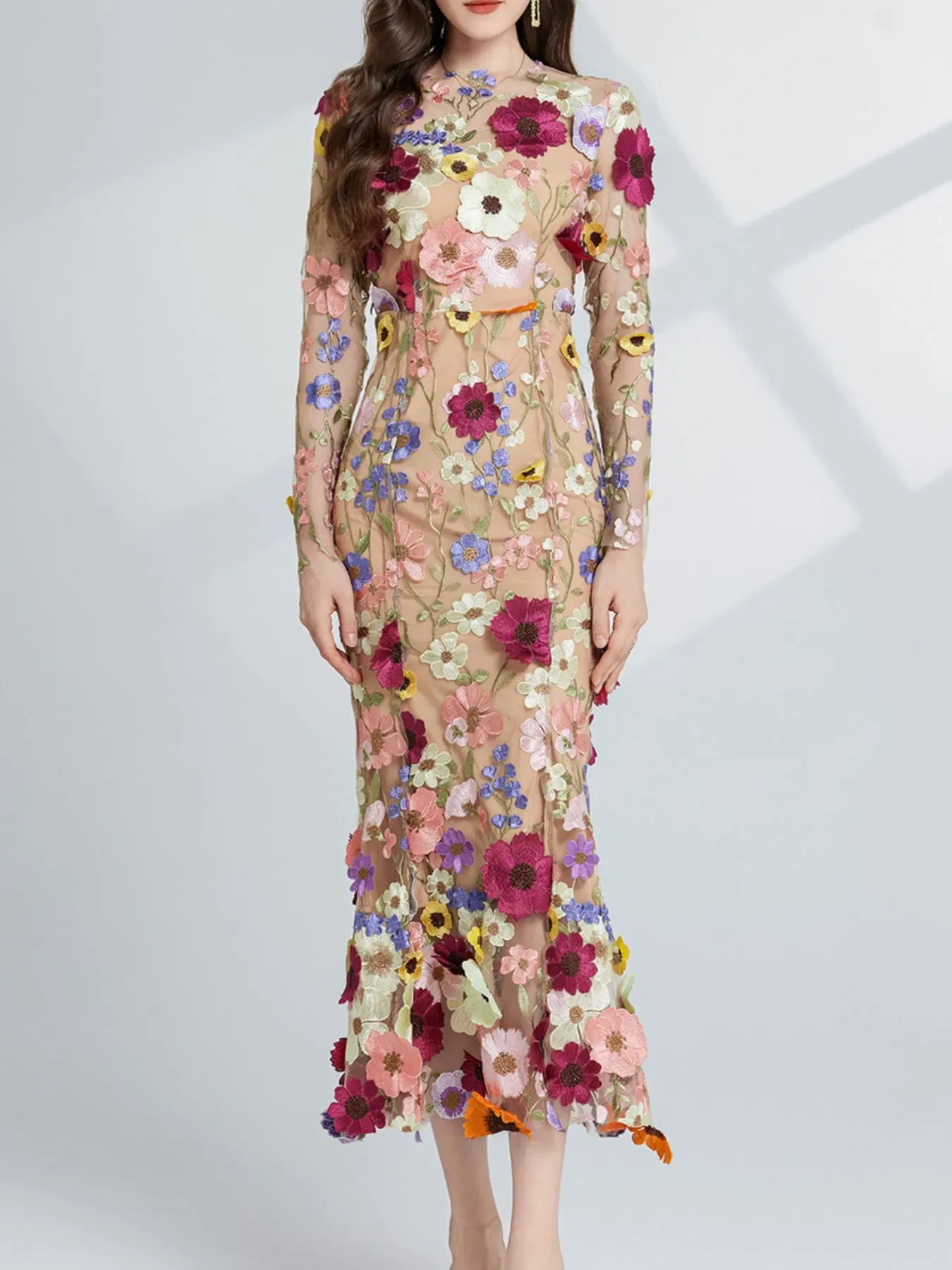 Nude Floral Embroidered Mesh Long Sleeve Midi Dress (Also Plus Size) - Image 7