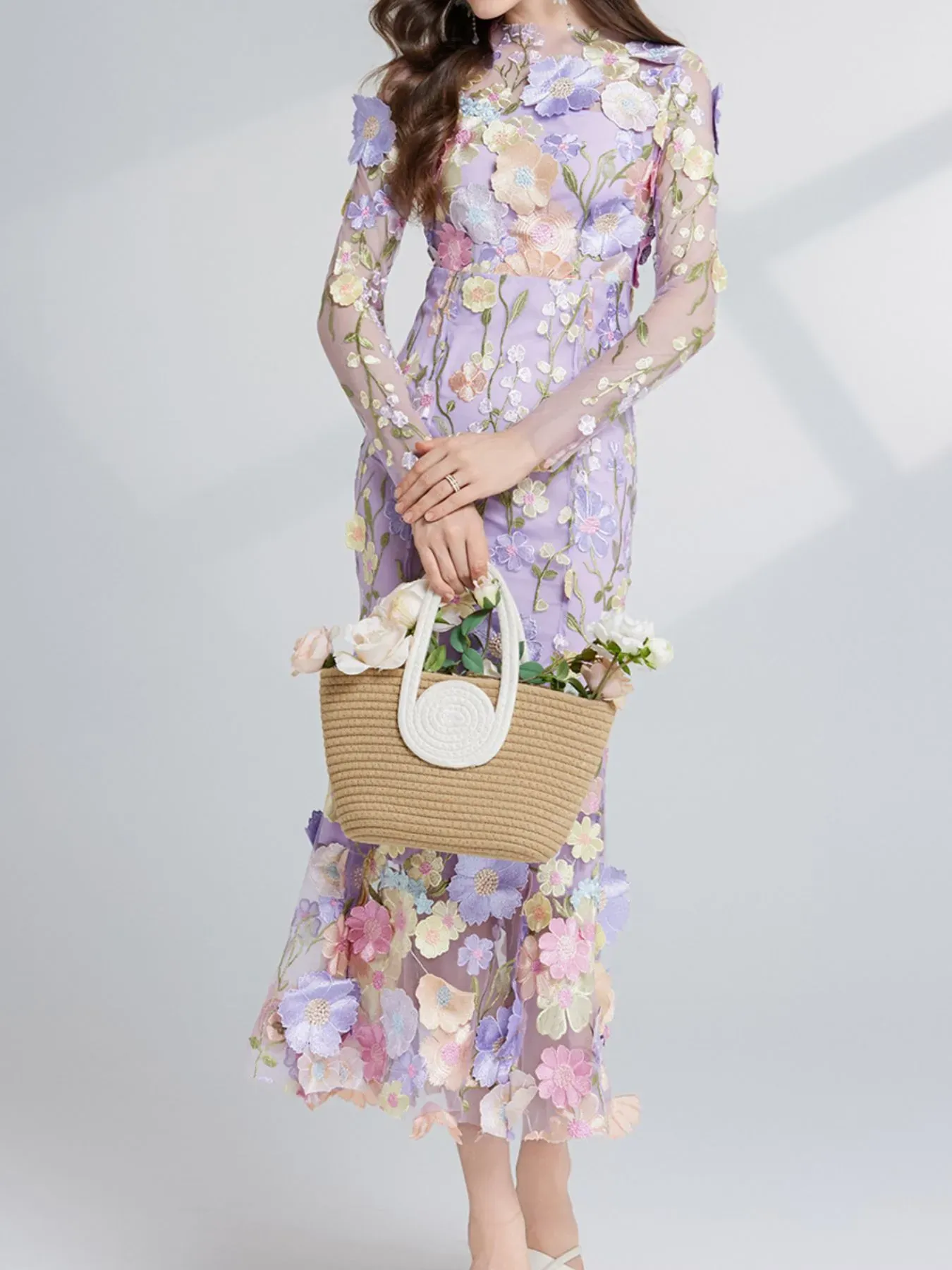 Nude Floral Embroidered Mesh Long Sleeve Midi Dress (Also Plus Size) - Image 9
