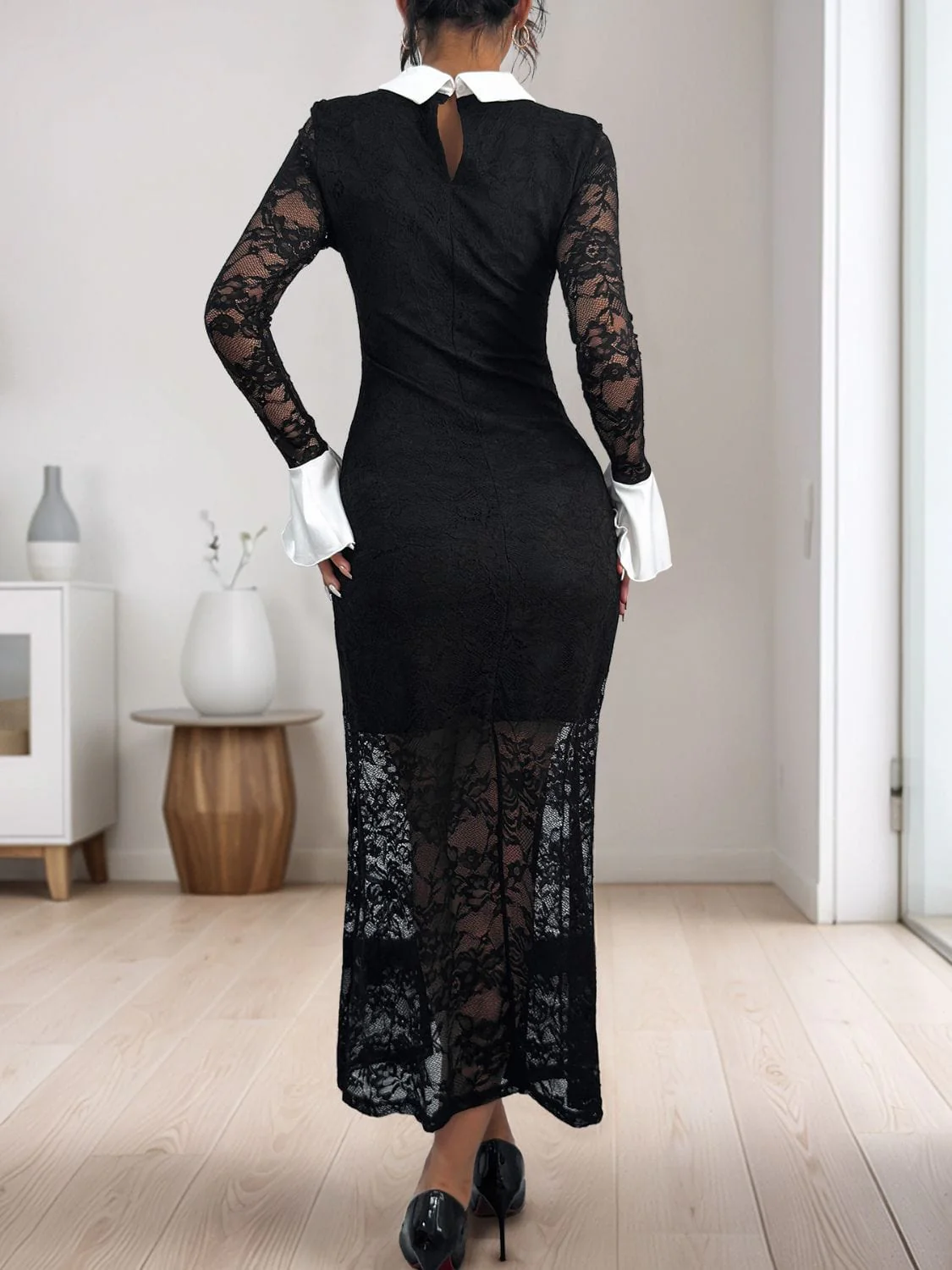 Black Perfee Lace Contrast Collared Neck Long Sleeve Midi Dress - Image 2