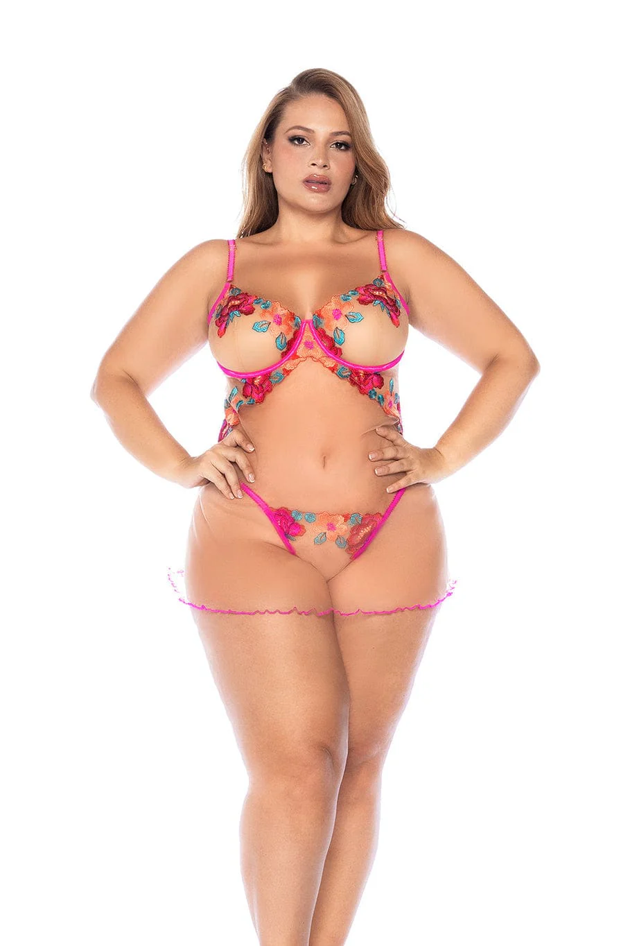 Plus Size Pink Floral Embroidered Sheer Mesh Babydoll & G-string Thong Panty Lingerie