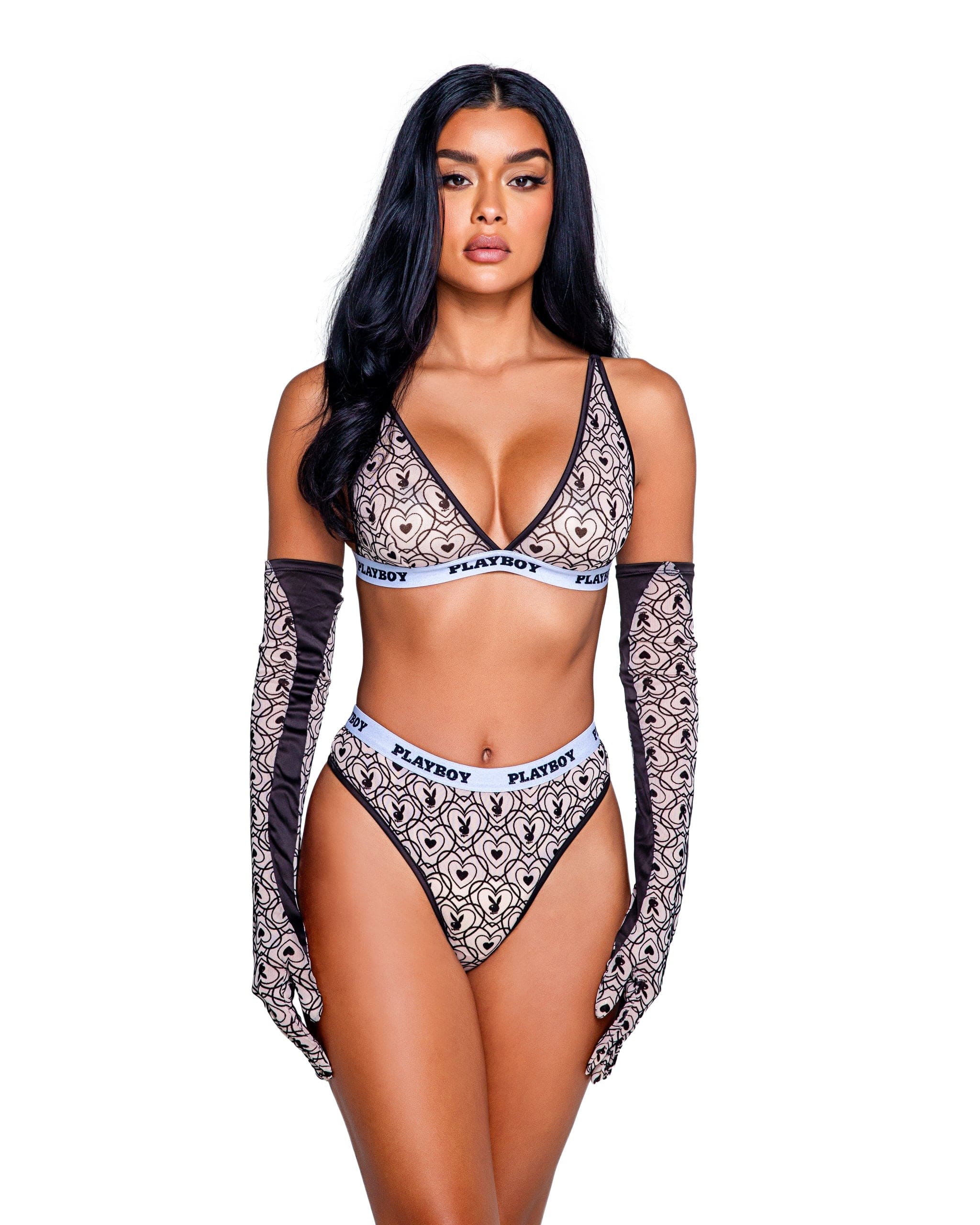 Nude Mesh Satin Playboy Print Bralette & High Waisted Thong Set (Plus Size Available)