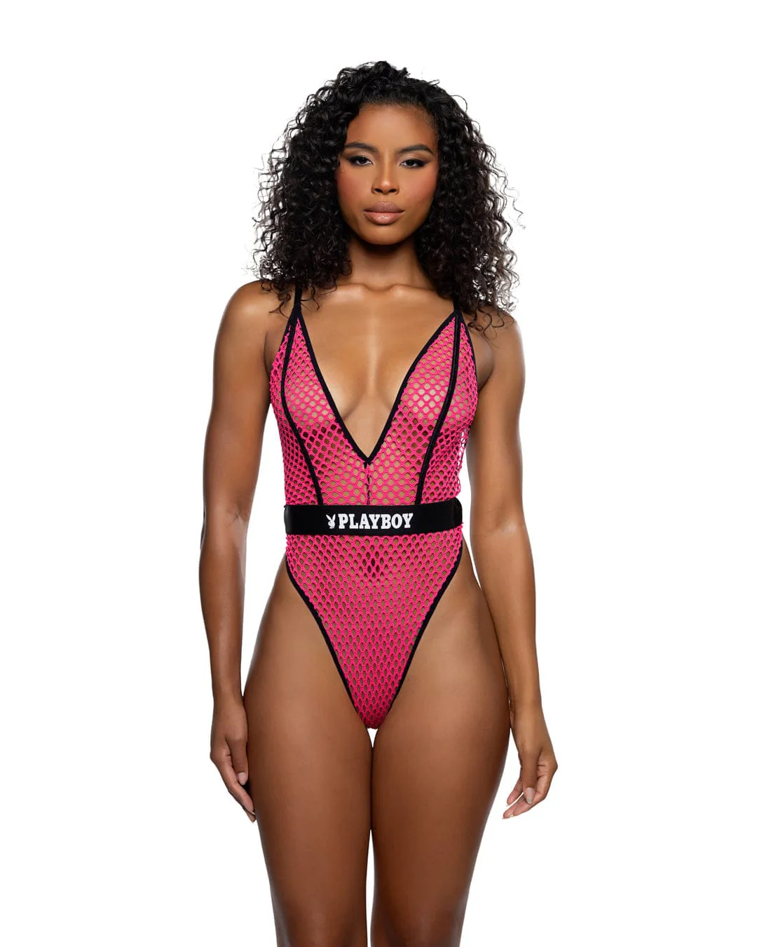 Plus Size Pink Playboy Bunny Erotic Fishnet Deep Plunge High Cut Leg Thong Teddy - Image 13