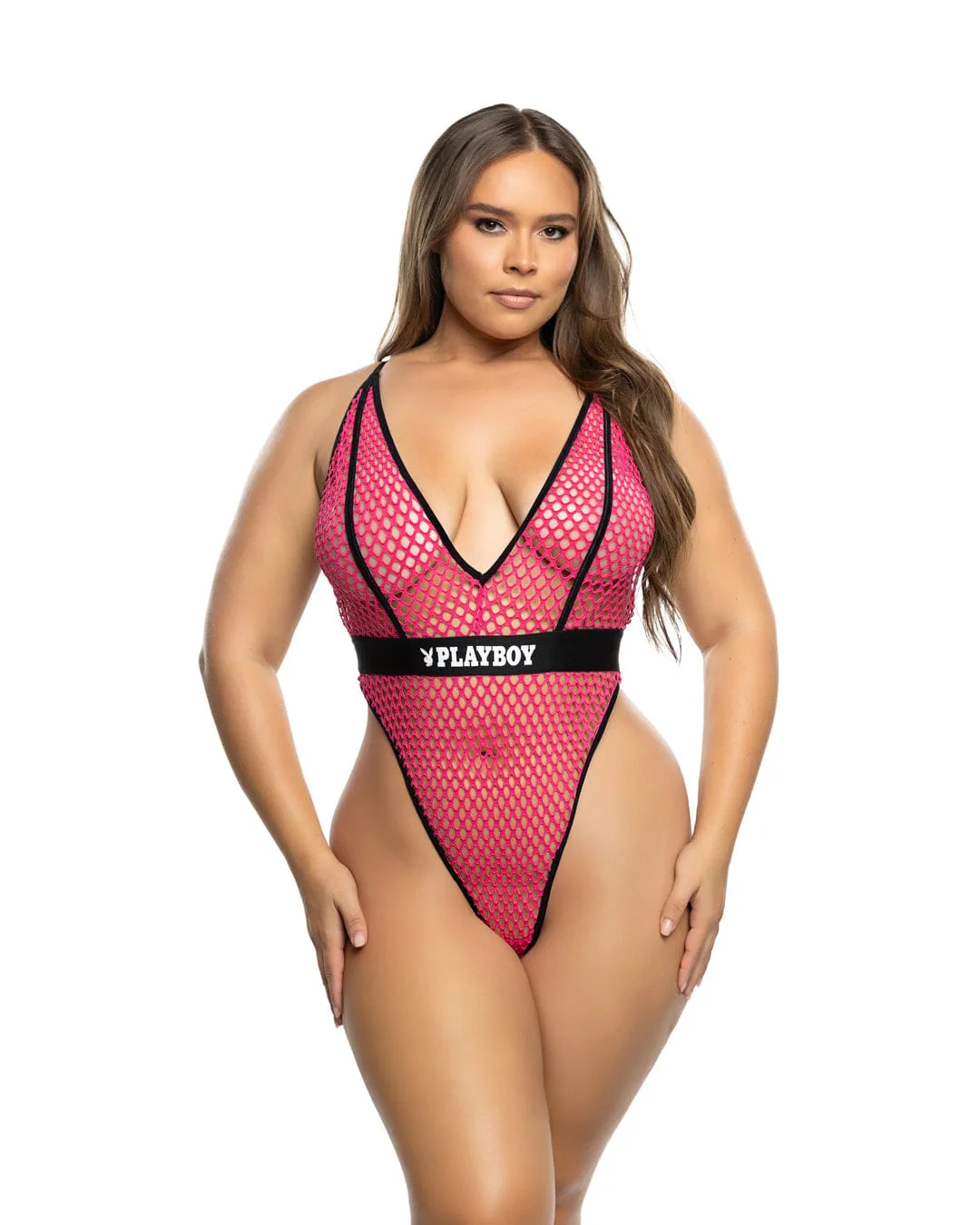 Plus Size Pink Playboy Bunny Erotic Fishnet Deep Plunge High Cut Leg Thong Teddy - Image 9