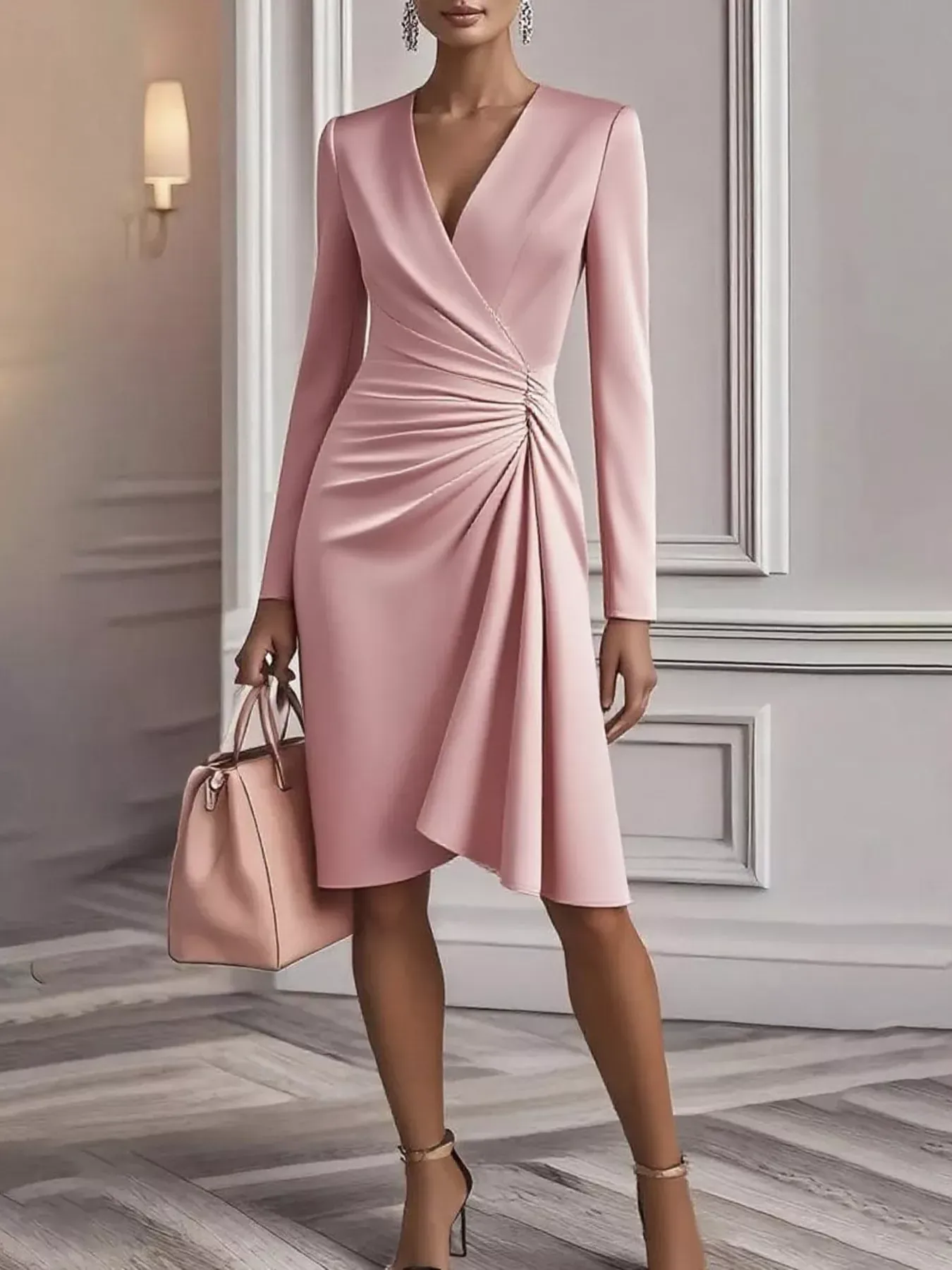 Pink Ruched Surplice Long Sleeve Dress (Also Plus Size)