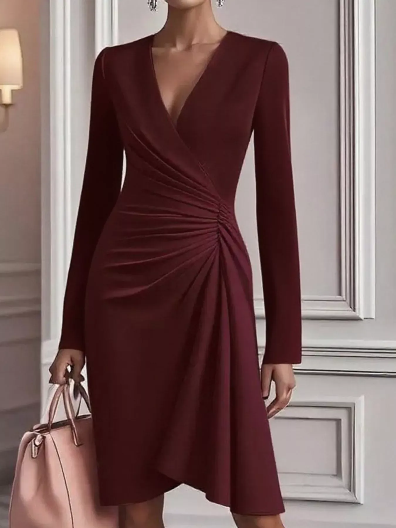 Pink Ruched Surplice Long Sleeve Dress (Also Plus Size) - Image 10
