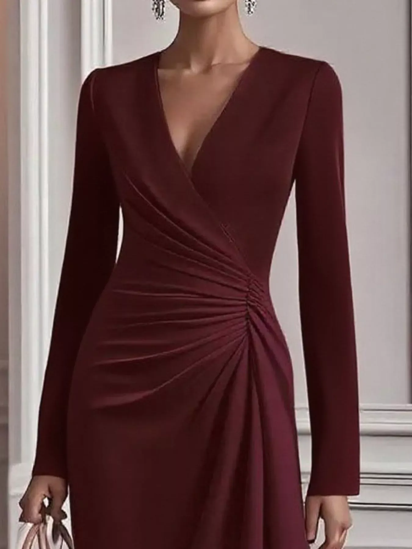 Pink Ruched Surplice Long Sleeve Dress (Also Plus Size) - Image 11