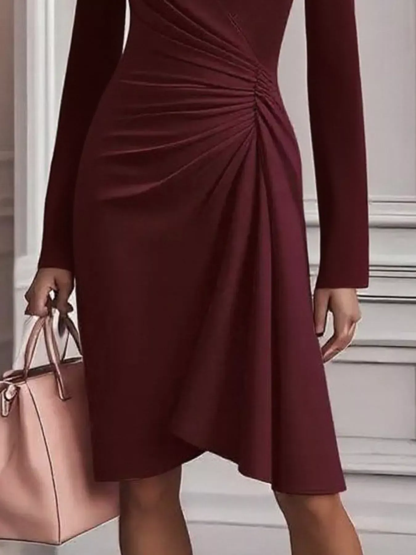 Pink Ruched Surplice Long Sleeve Dress (Also Plus Size) - Image 12