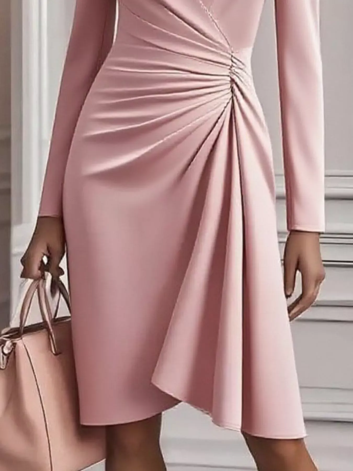 Pink Ruched Surplice Long Sleeve Dress (Also Plus Size) - Image 3