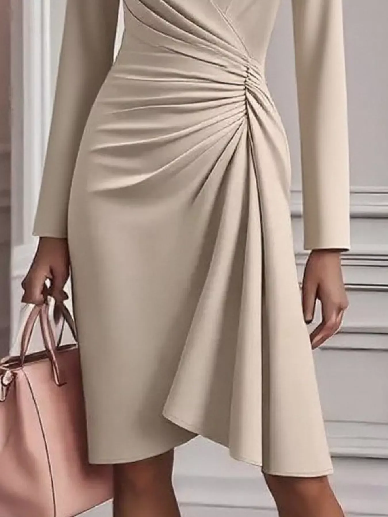 Pink Ruched Surplice Long Sleeve Dress (Also Plus Size) - Image 6