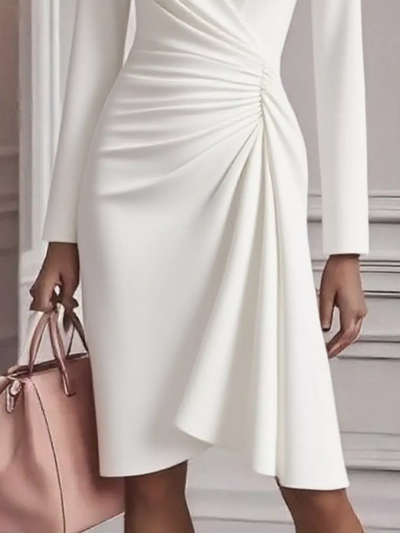 Pink Ruched Surplice Long Sleeve Dress (Also Plus Size) - Image 9