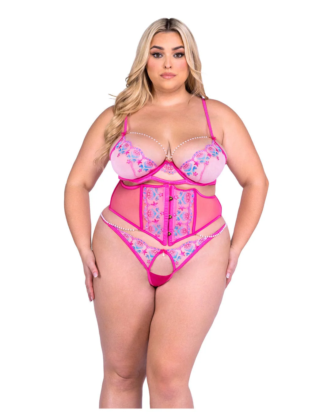 Pink Sultry Siren Lace & Satin Bra, Waspie Corset & Thong Lingerie (Plus Size Available) - Image 3