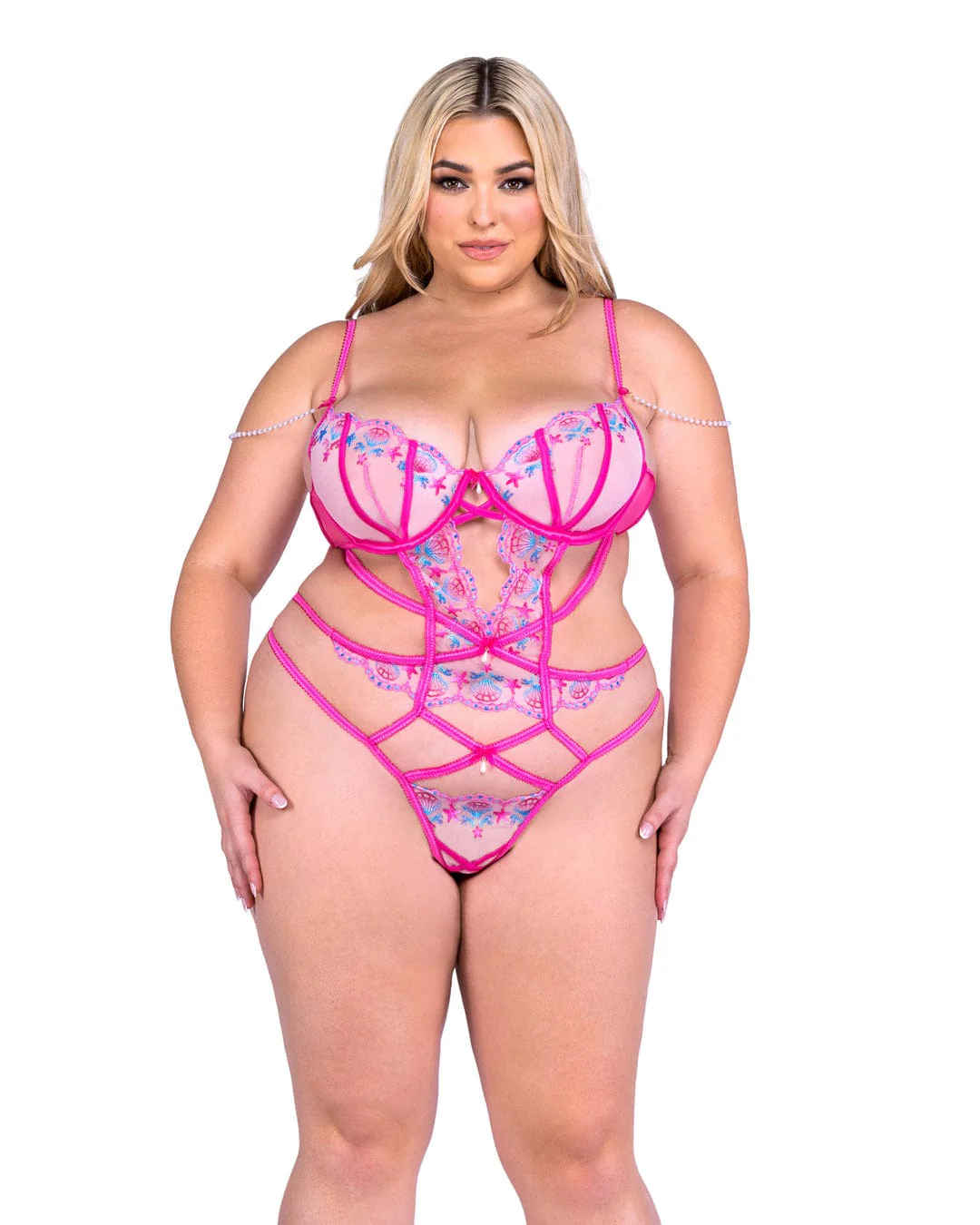 Plus Size Pink Sultry Siren Lace & Satin Thong Teddy Lingerie