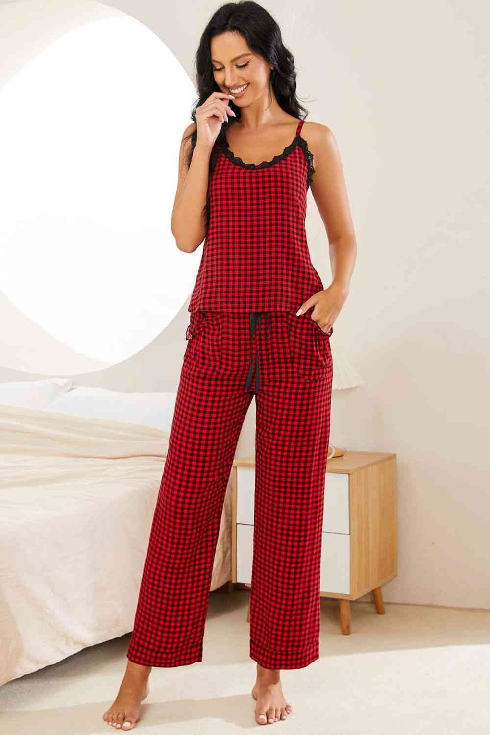 Plaid Lace Trim Cami and Drawstring Pants Pajama Set - Image 3
