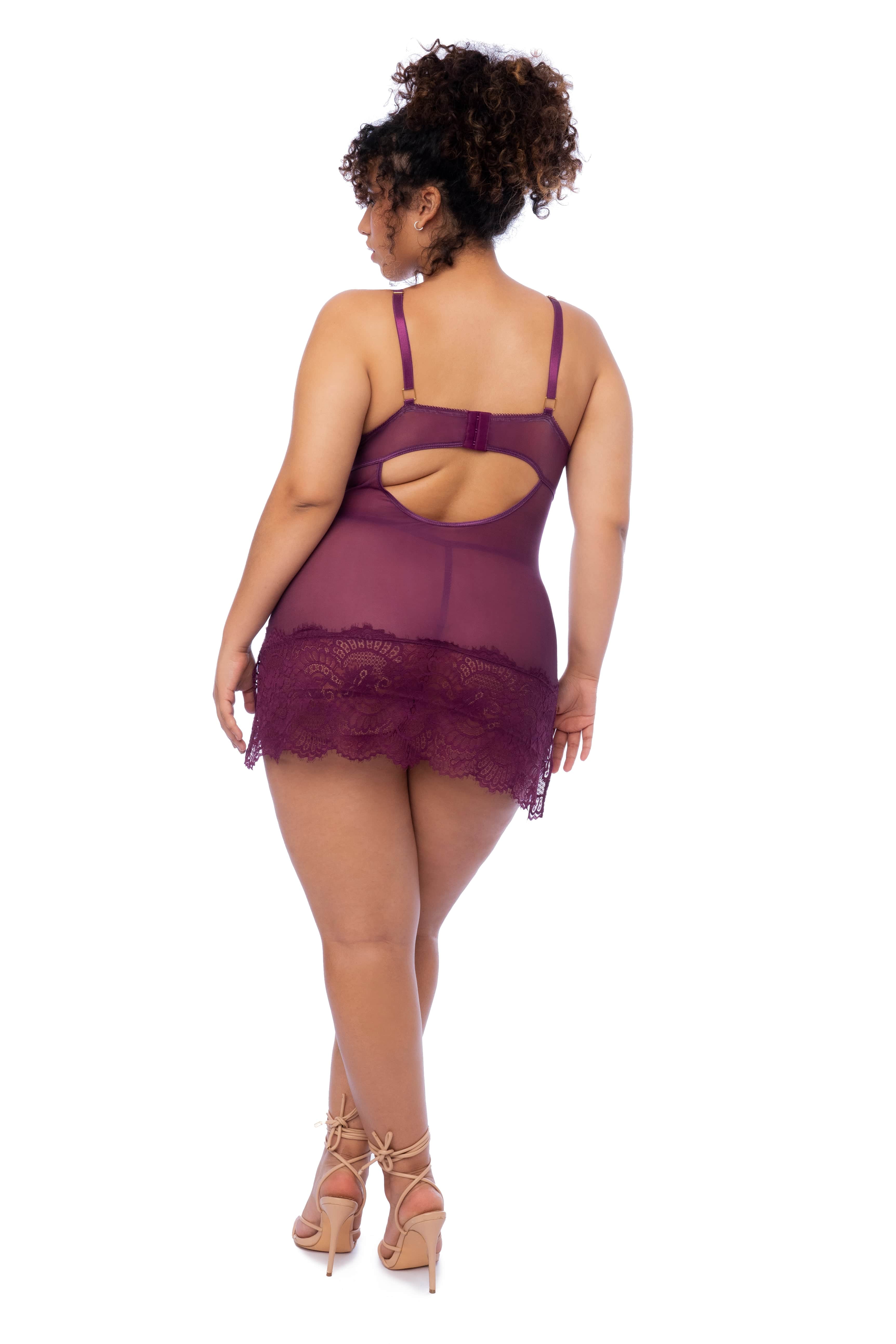 Plus Size Burgundy Red Eyelash Lace Silhouette Babydoll & Thong Panty Lingerie - Image 2