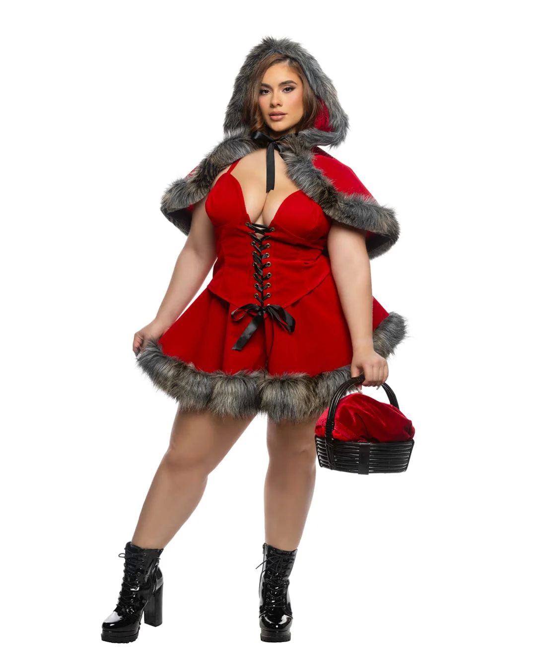 3 Pc Enchanted Forest Red Velvet & Faux Fur Hooded Capelet, Lace-Up Corset & Mini Skirt Cosplay Costume - Image 3