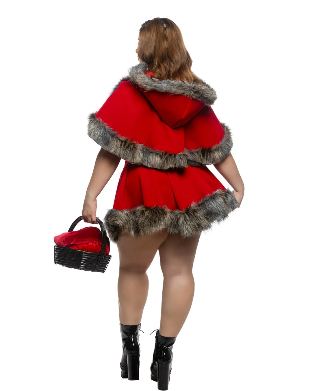 3 Pc Enchanted Forest Red Velvet & Faux Fur Hooded Capelet, Lace-Up Corset & Mini Skirt Cosplay Costume - Image 4