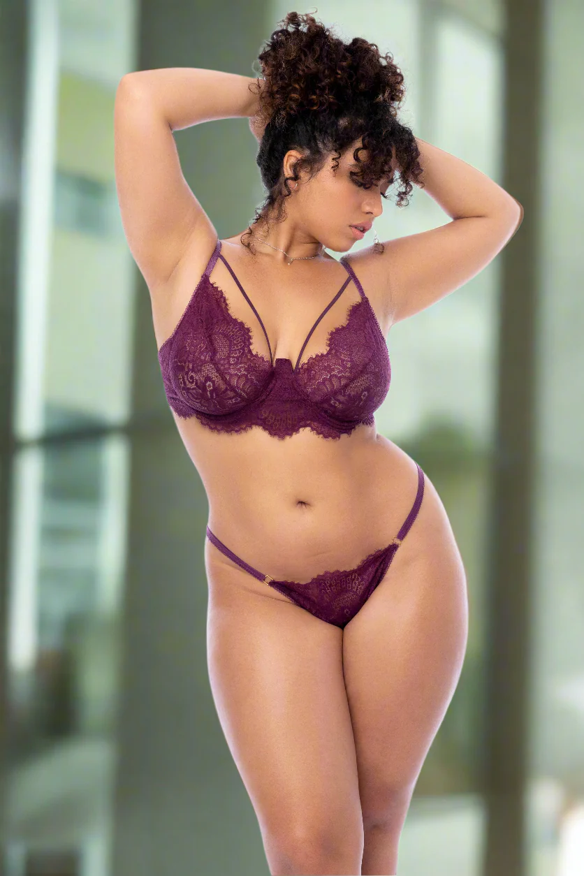 Plus Size Green Eyelash Lace Underwire Bra, Garter Belt & Thong Panty Lingerie - Image 7
