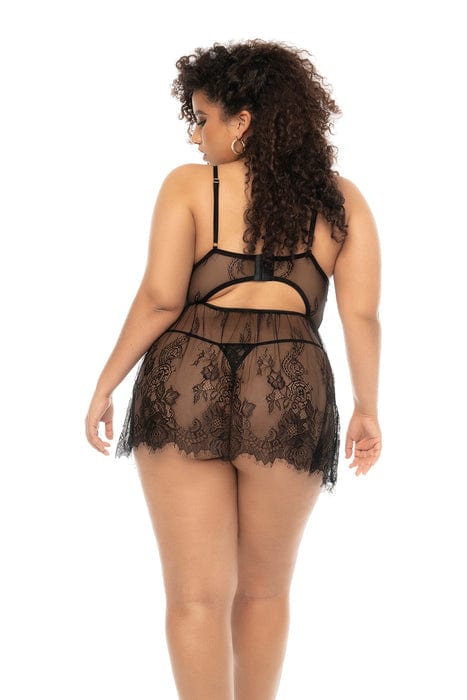 Plus Size Black Babydoll Eyelash Lace Underwire Bra & Thong Panty - Image 2