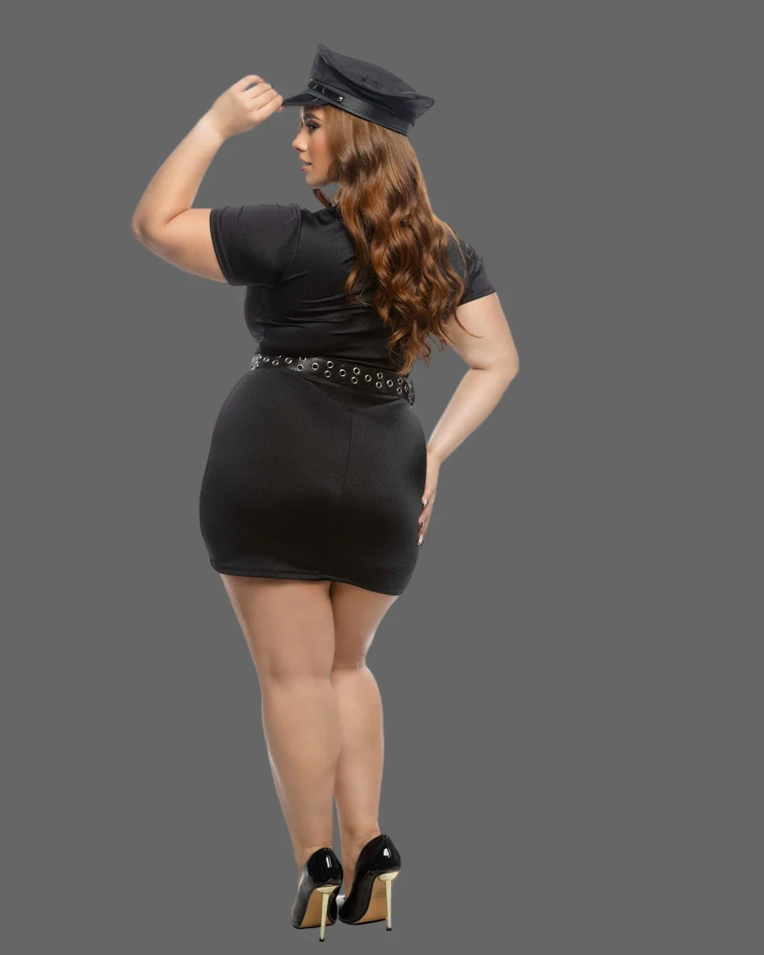 Black Flirty Officer Deep Plunge Knit Dress, Belt, Handcuffs & Hat Cosplay Costume - Image 4