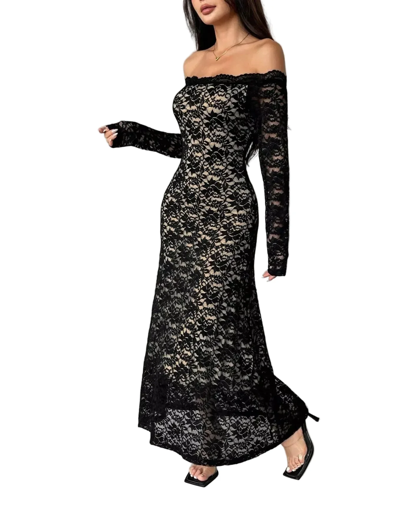 Black Off-Shoulder Lace Maxi Dress (Also Plus Size)