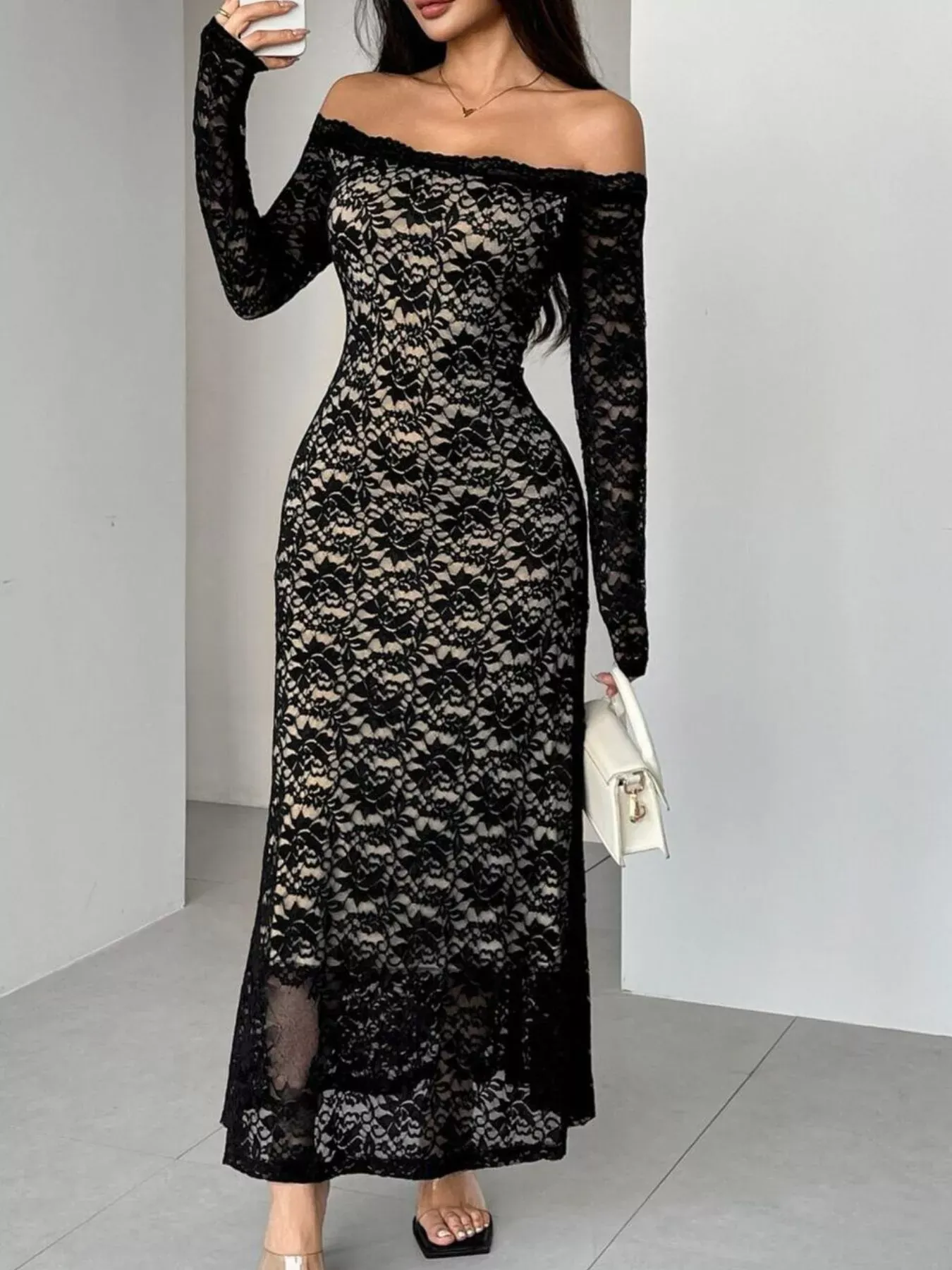 Black Off-Shoulder Lace Maxi Dress (Also Plus Size) - Image 2
