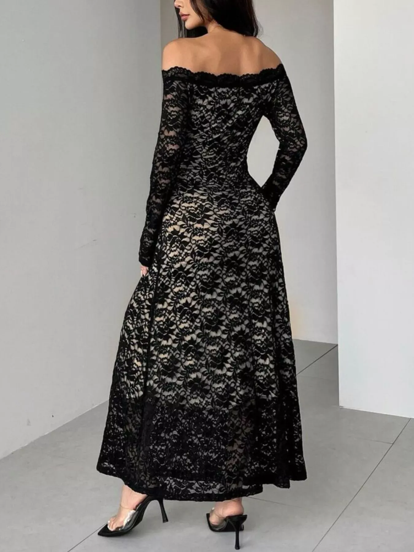 Black Off-Shoulder Lace Maxi Dress (Also Plus Size) - Image 3
