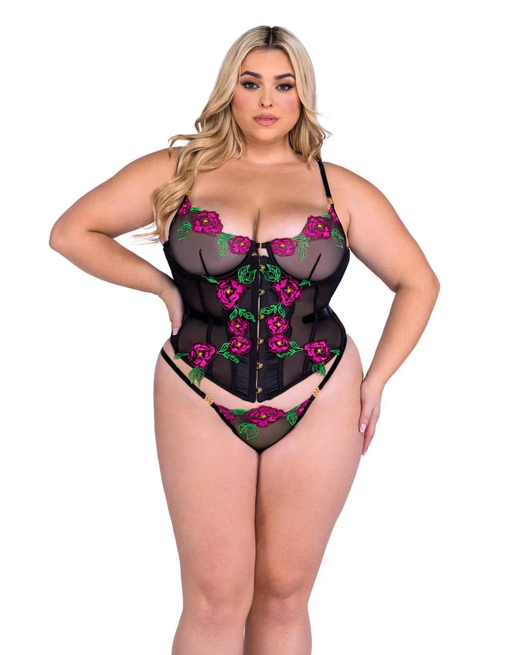 Black Peony Paradise Lace Satin Corset & Thong Panty Lingerie (Plus Size Available) - Image 3